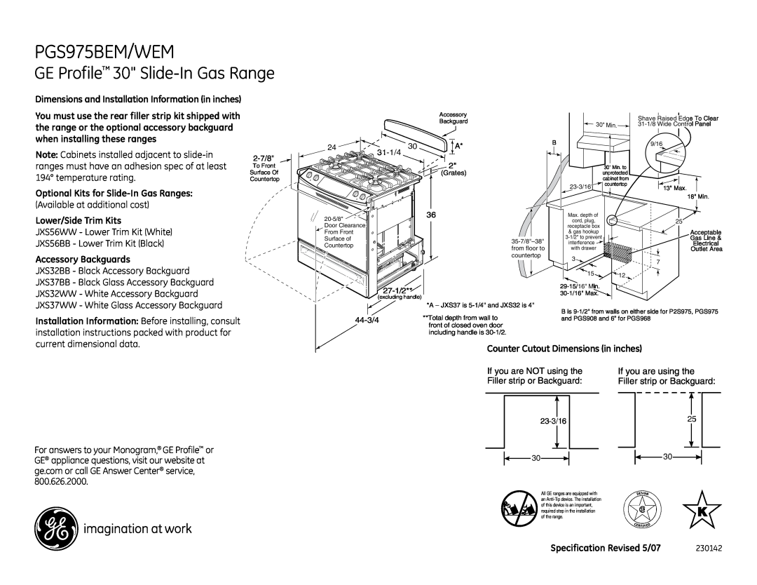 GE PGS975WEM installation instructions PGS975BEM/WEM, GE Profile 30 Slide-In Gas Range, Lower/Side Trim Kits 