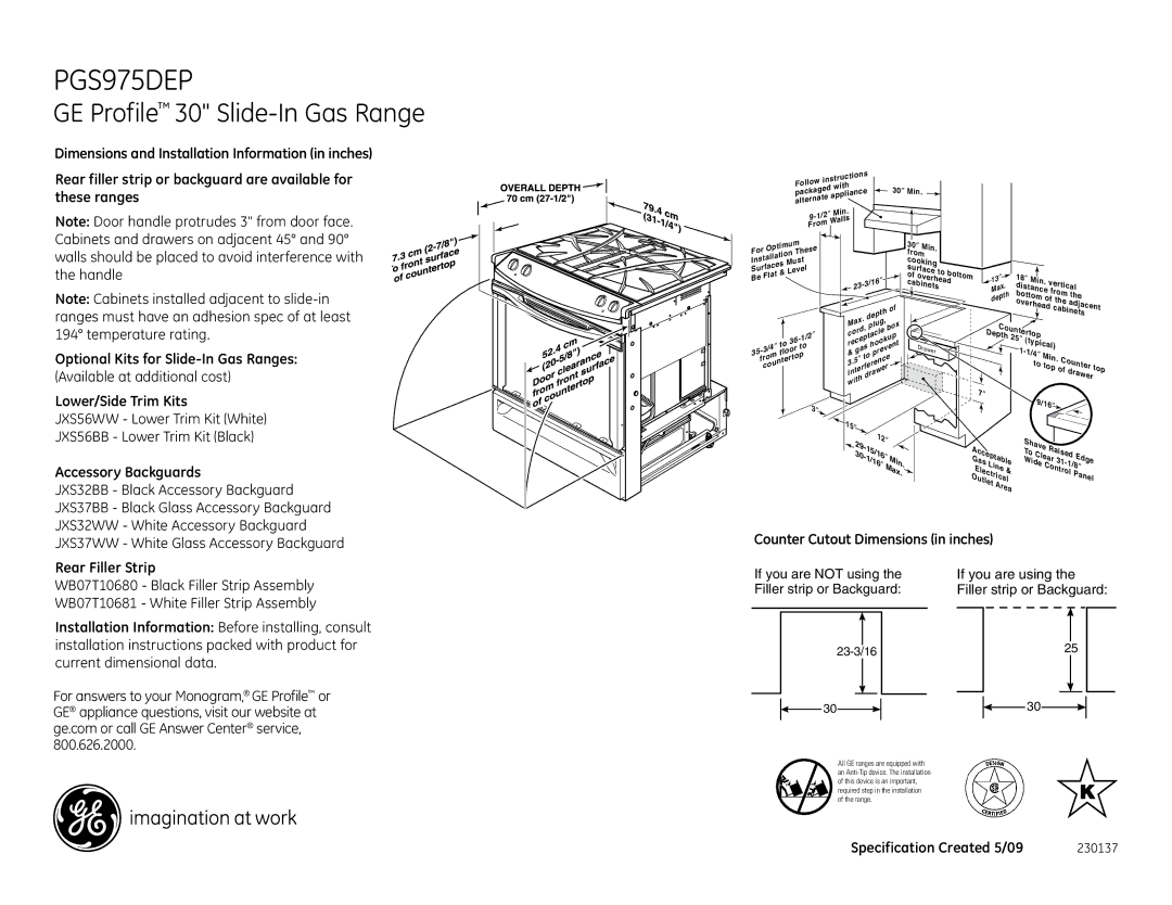 GE PGS975DEPBB installation instructions GE Profile 30 Slide-In Gas Range 