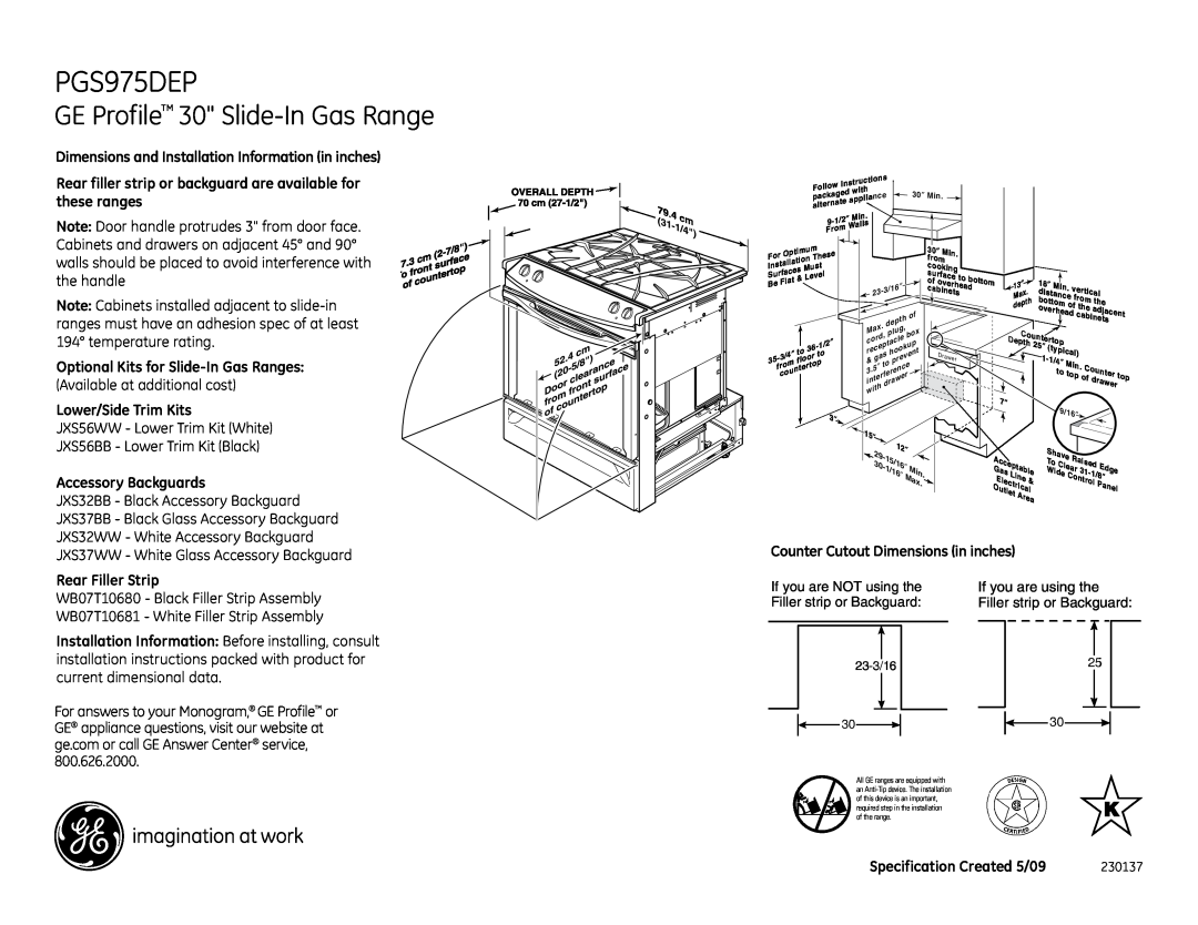 GE PGS975DEPBB installation instructions GE Profile 30 Slide-In Gas Range, Optional Kits for Slide-In Gas Ranges 