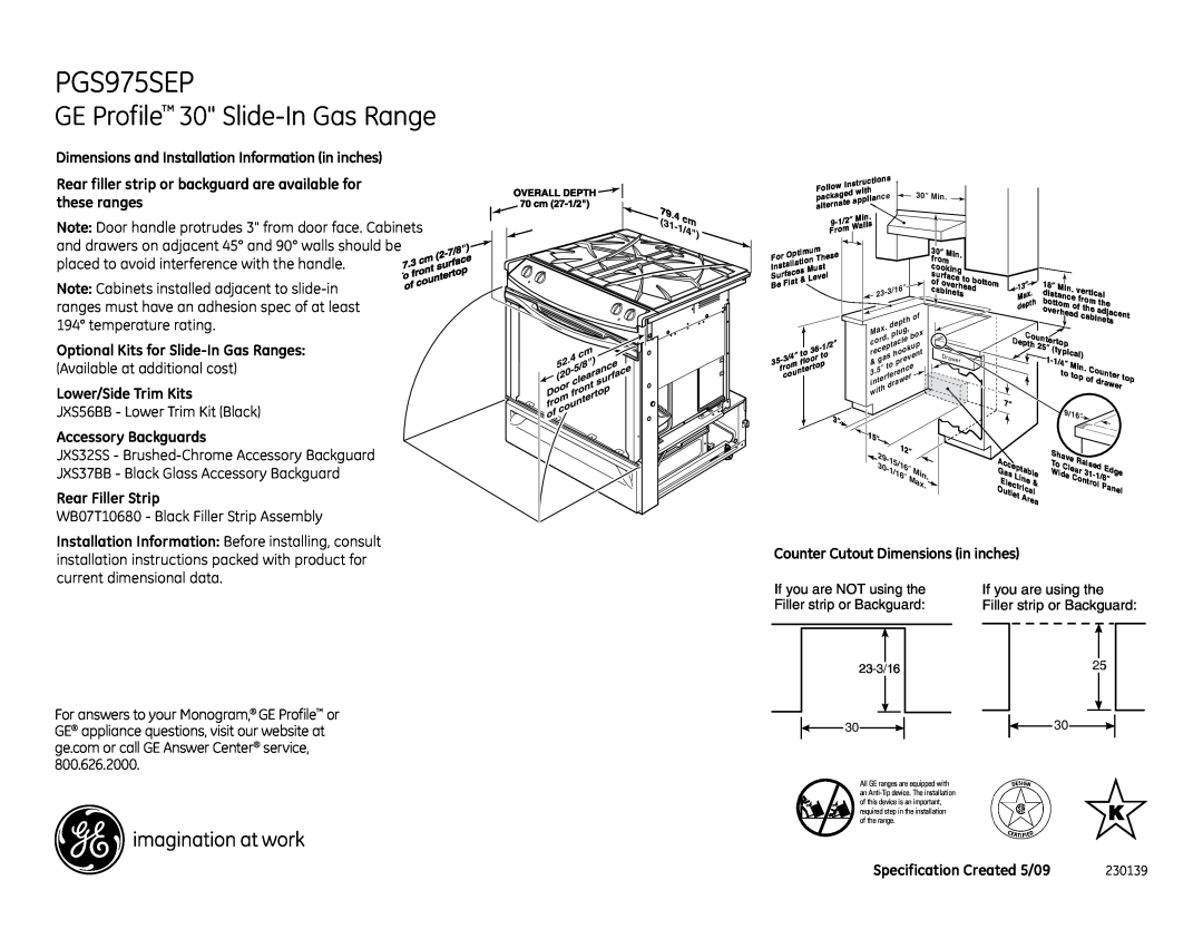 GE PGS975SEP installation instructions GE Profile 30 Slide-InGas Range, Dimensions and Installation Information in inches 