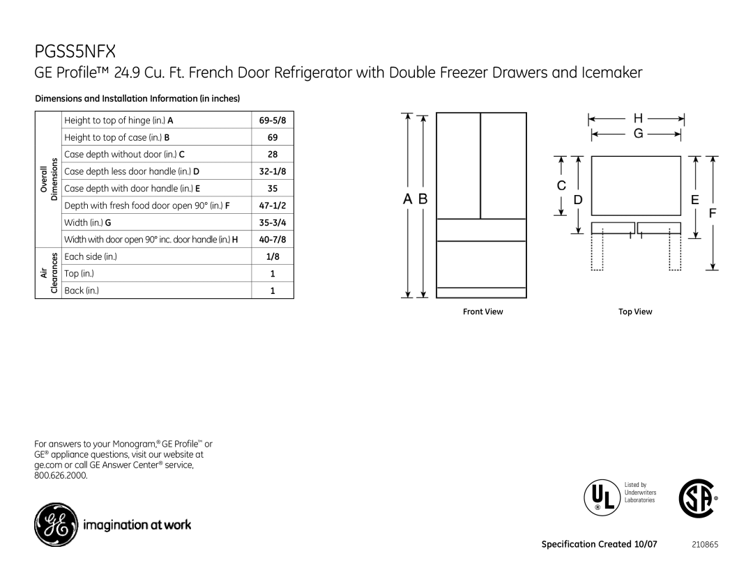 GE PGSS5NFXSS dimensions 