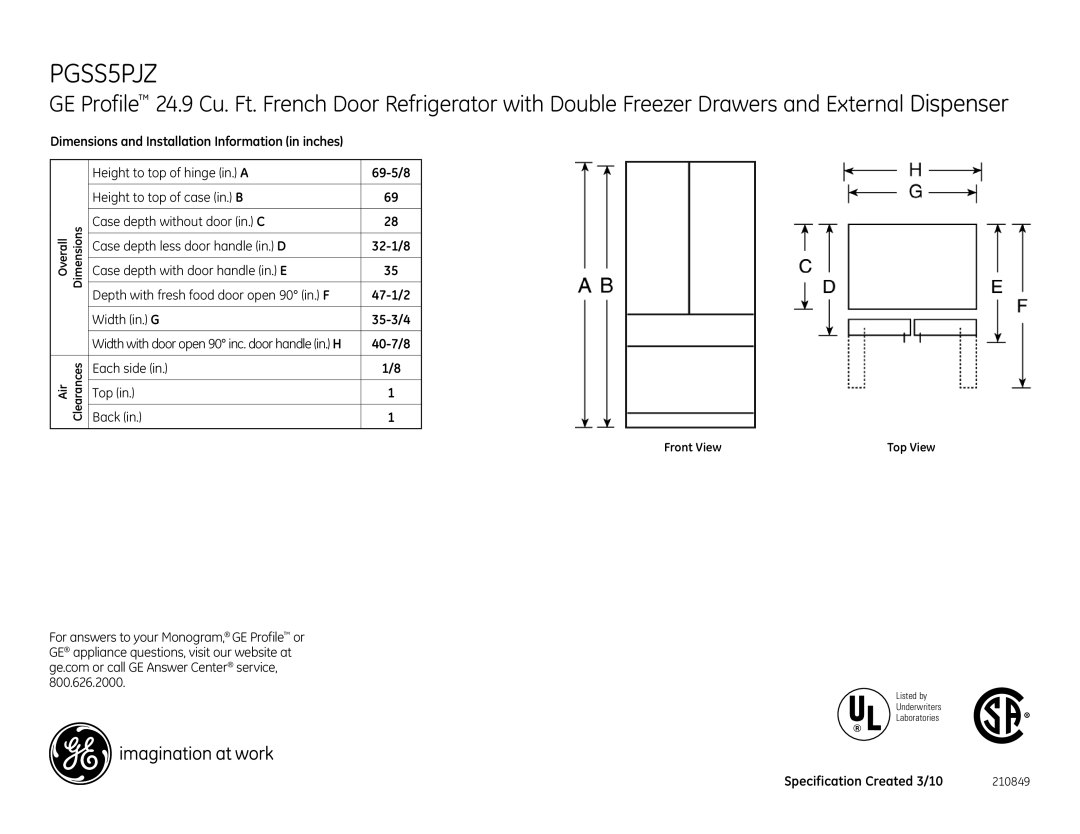 GE PGSS5PJZSS dimensions 