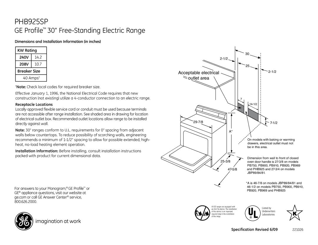 GE PHB925SPSS dimensions GE Profile 30 Free-Standing Electric Range, Acceptable electrical Outlet area, Amps† 