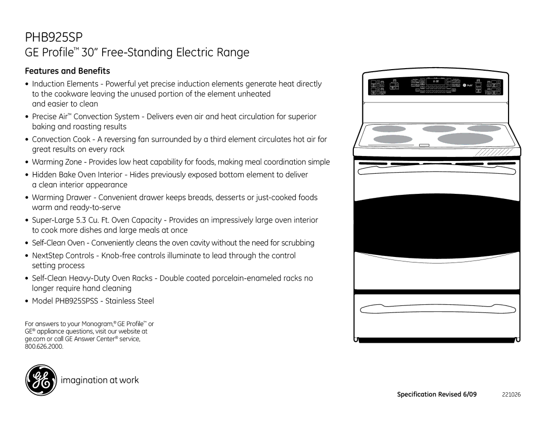 GE PHB925SPSS dimensions Features and Benefits 