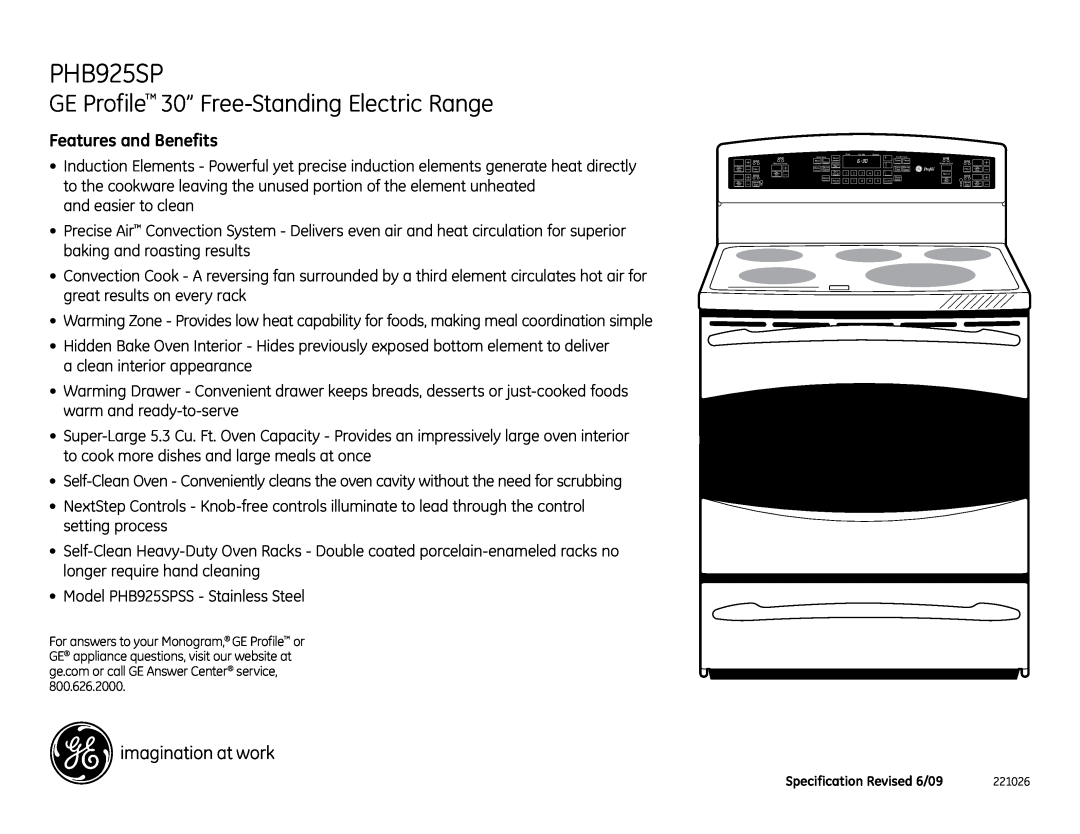 GE PHB925SPSS dimensions GE Profile 30” Free-StandingElectric Range, Features and Benefits 