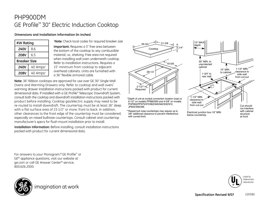 GE PHP900DMBB installation instructions GE Profile 30 Electric Induction Cooktop, KW Rating 240V 208V Breaker Size Amps† 