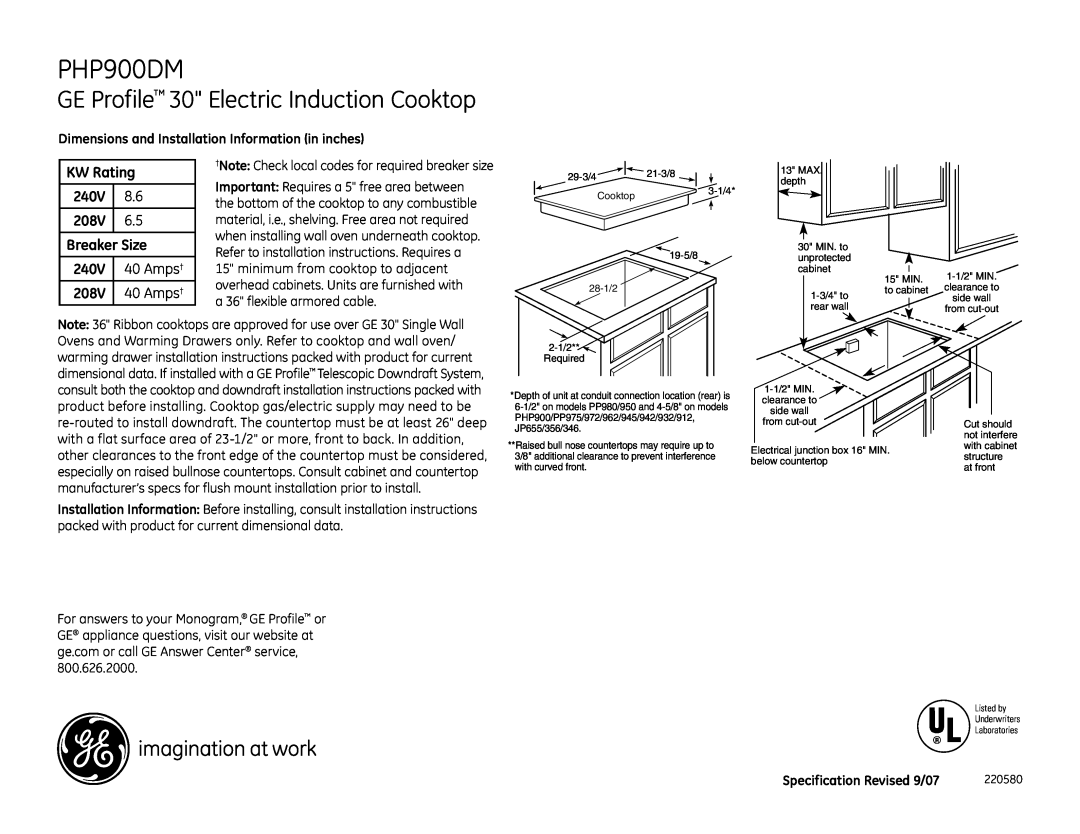 GE PHP900DMBB installation instructions GE Profile 30 Electric Induction Cooktop, KW Rating, 240V, 208V, Breaker Size 