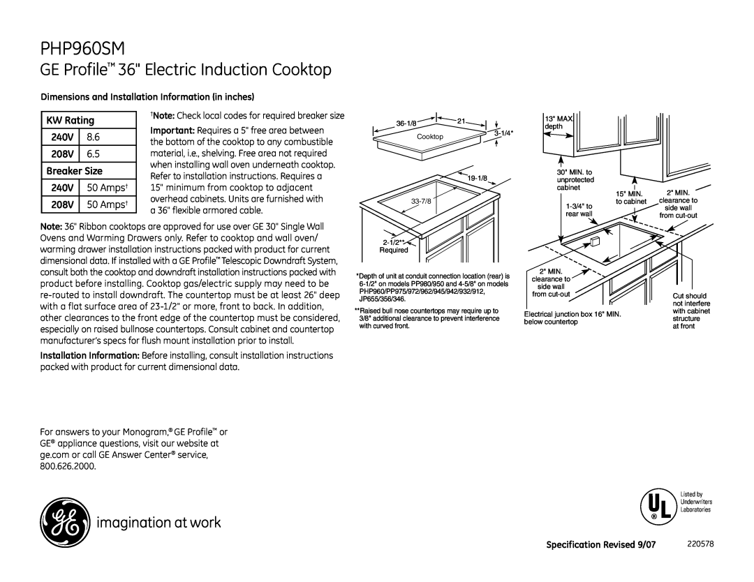 GE PHP960SM installation instructions GE Profile 36 Electric Induction Cooktop, KW Rating, 240V, 208V, Breaker Size, Amps† 
