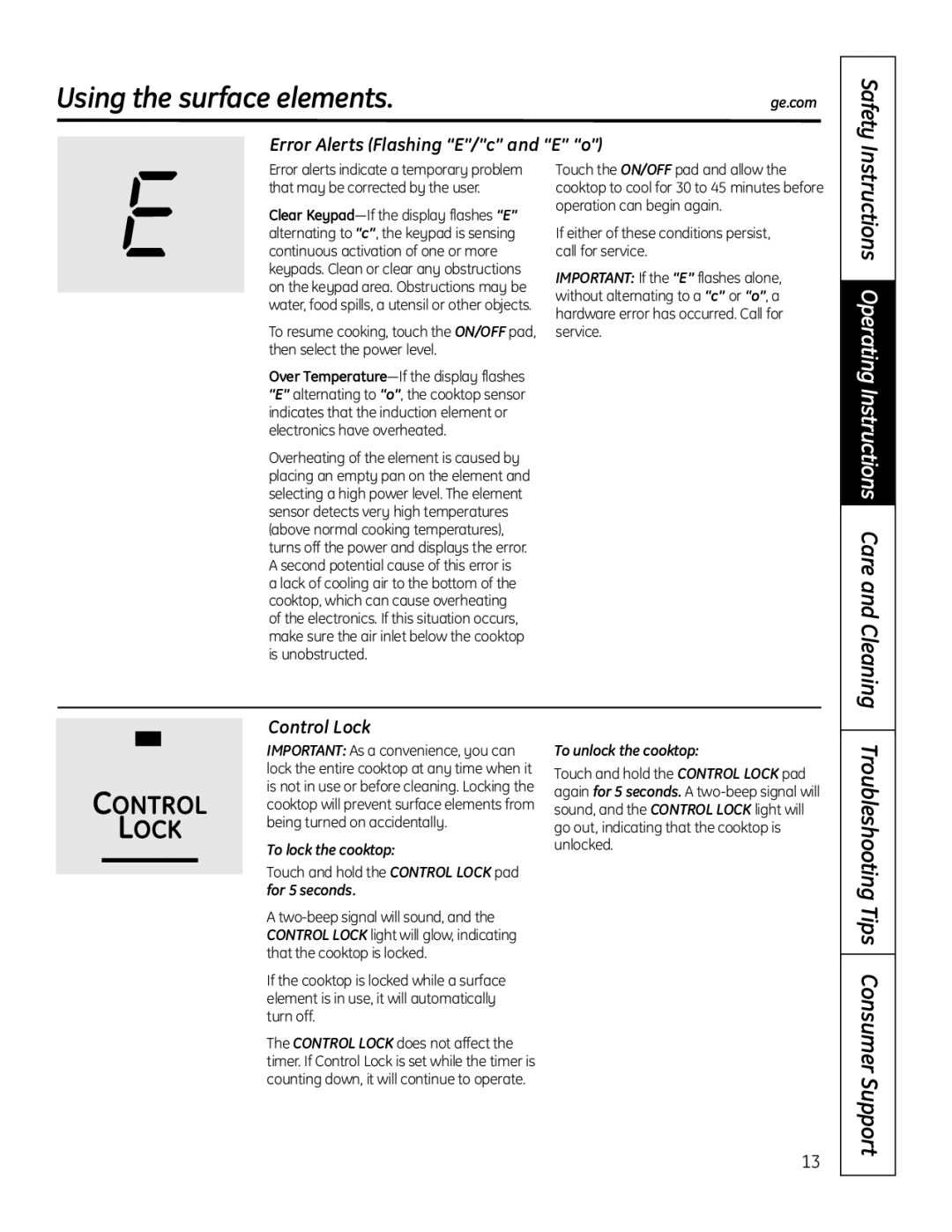 GE PHP960SMSS manual Using the surface elements, Instructions Operating Instructions Care and Cleaning, Control Lock 