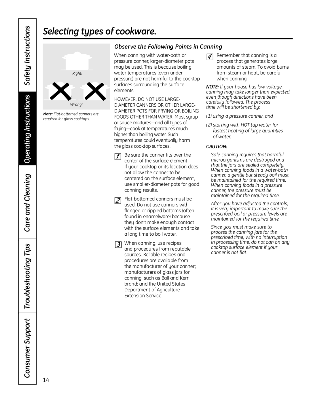 GE PHP960SMSS manual Selecting types of cookware, Observe the Following Points in Canning 