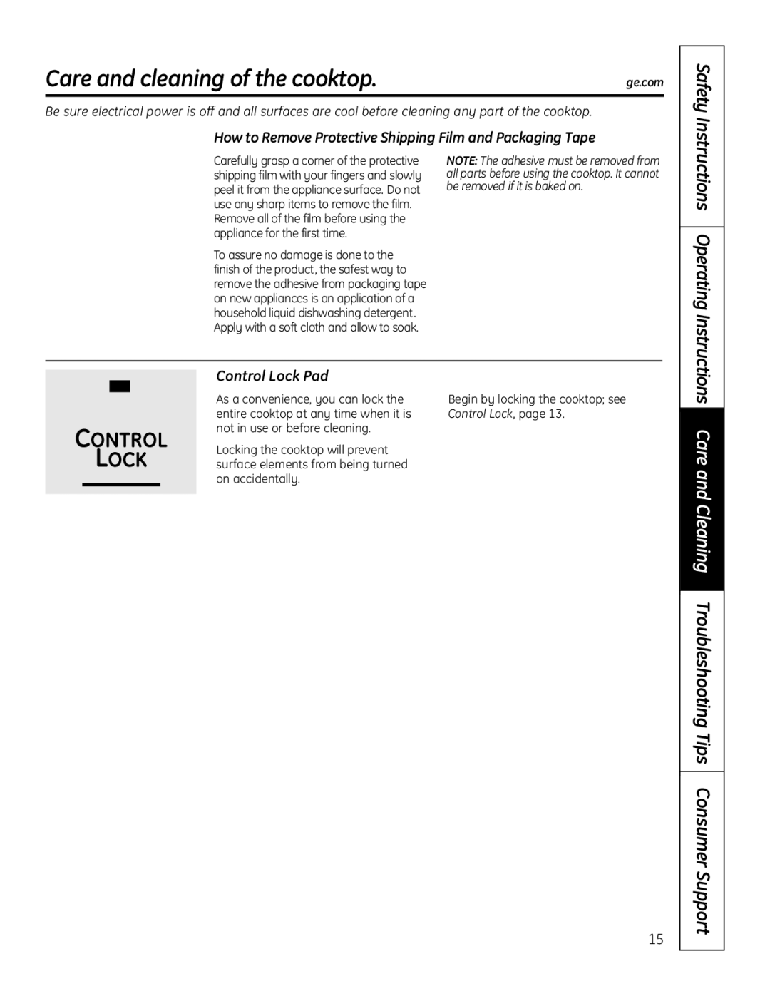 GE PHP960SMSS Care and cleaning of the cooktop, Care and Cleaning Troubleshooting Tips Consumer Support, Control Lock Pad 