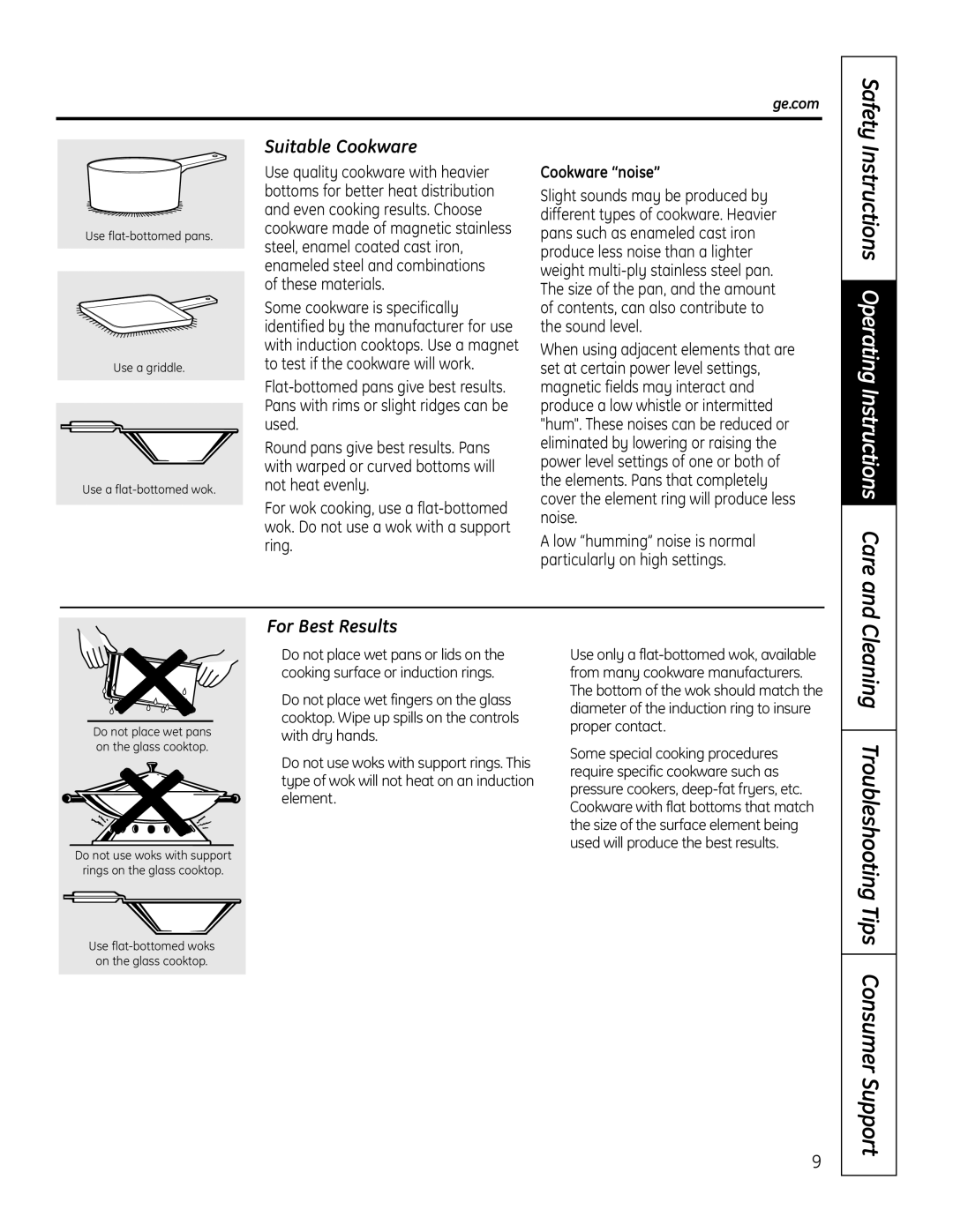 GE PHP960SMSS manual Cleaning Troubleshooting Tips, Suitable Cookware, For Best Results 