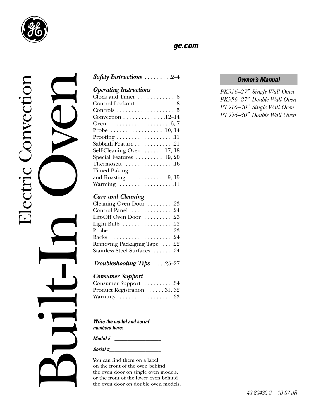 GE PK916 owner manual Built-In Oven, Write the model and serial numbers here Model # Serial # 