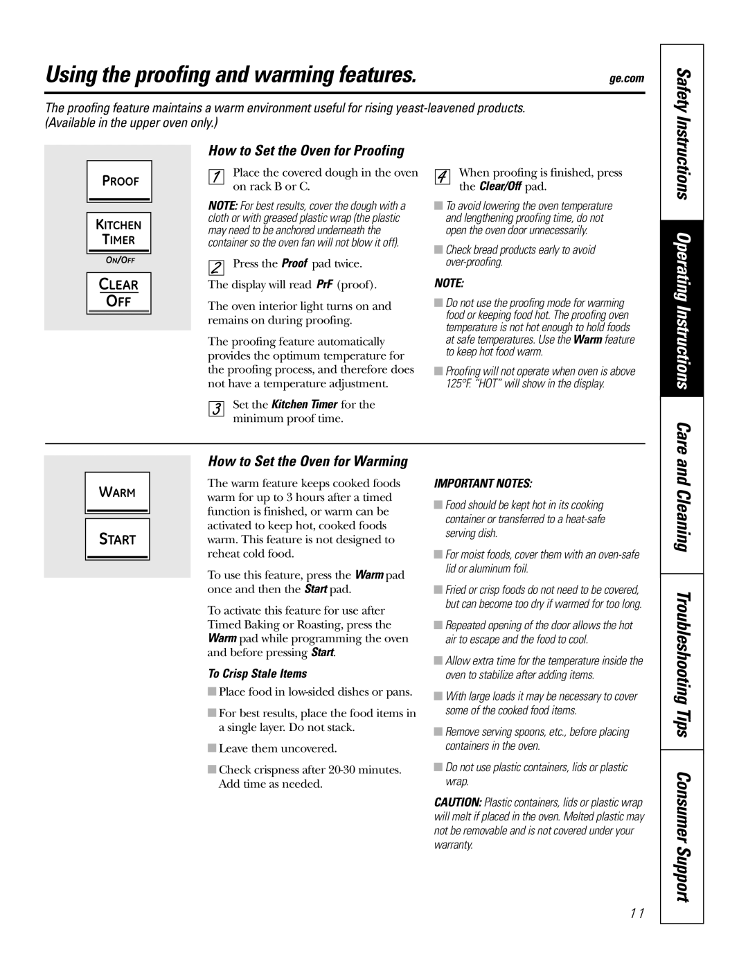 GE PK916 Using the proofing and warming features, Cleaning Troubleshooting Tips Consumer Support, To Crisp Stale Items 