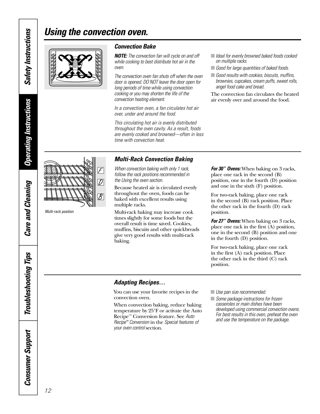 GE PK916 Using the convection oven, Consumer Support Troubleshooting, Convection Bake, Multi-Rack Convection Baking 