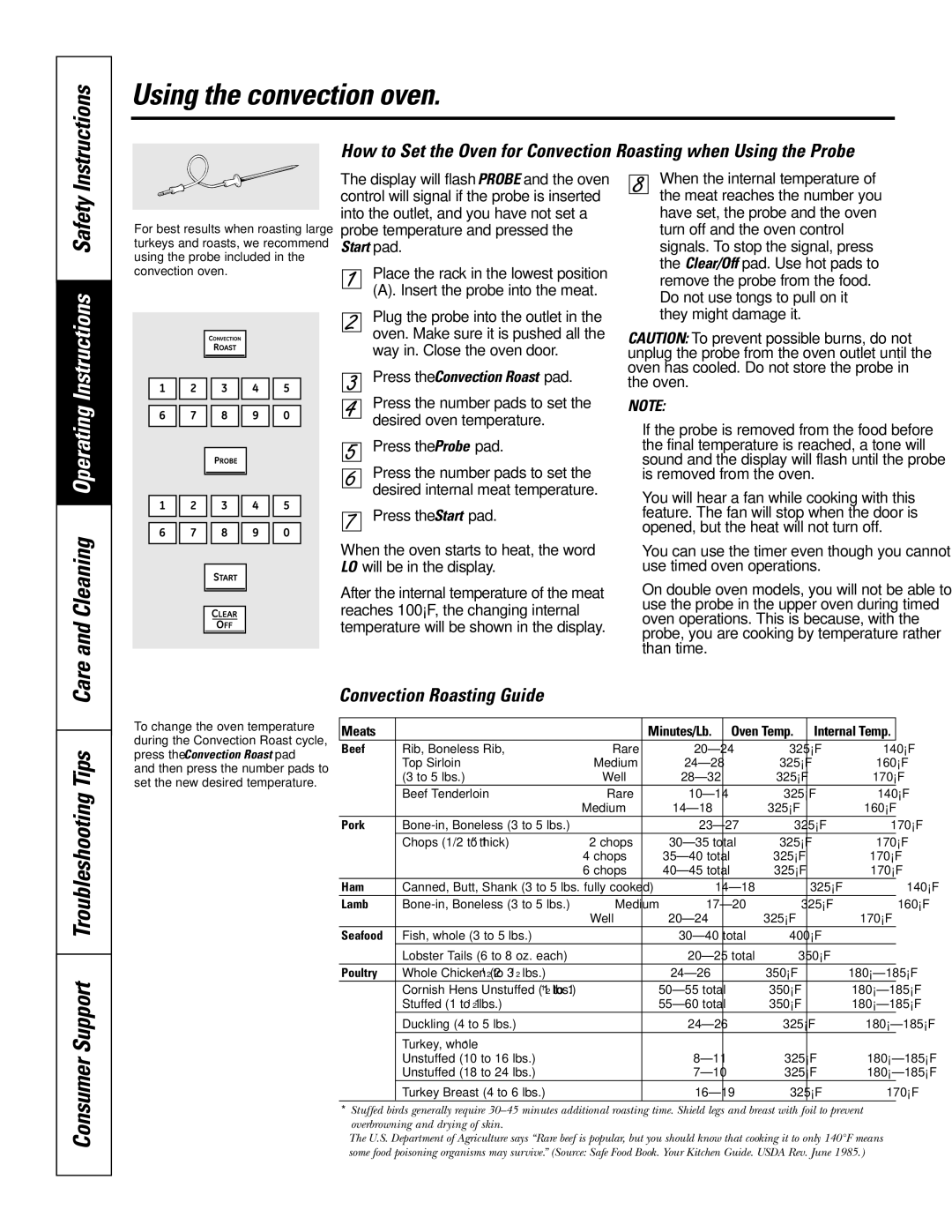 GE PK916 Consumer Support Troubleshooting Tips, Care and Cleaning Operating Instructions Safety, Convection Roasting Guide 