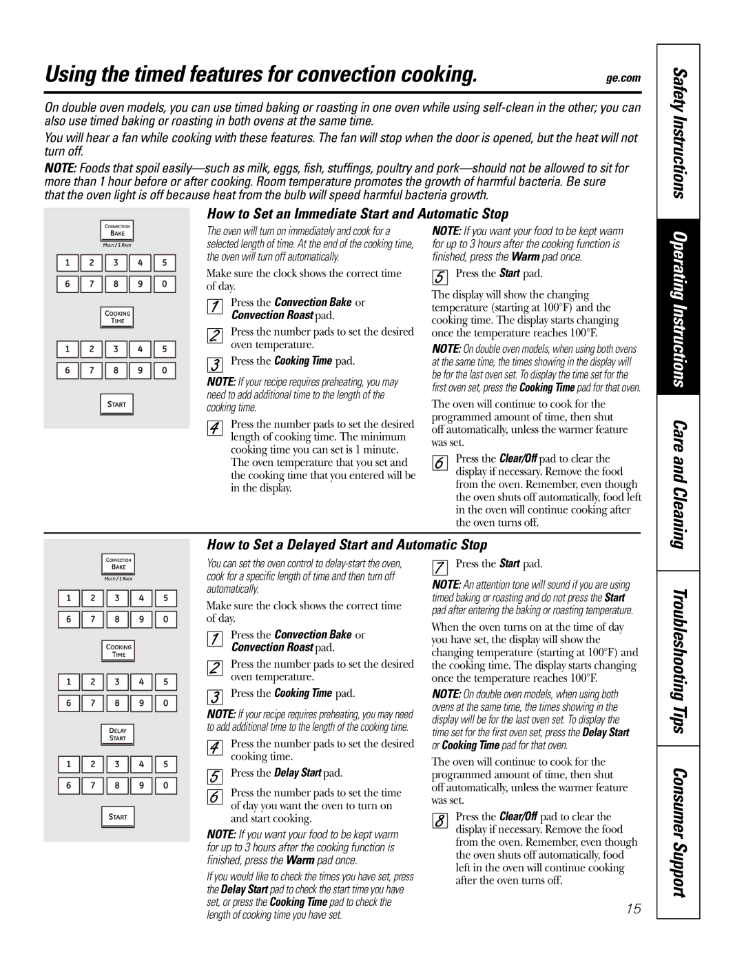 GE PK916 owner manual Using the timed features for convection cooking, Press the Convection Bake or Convection Roast pad 