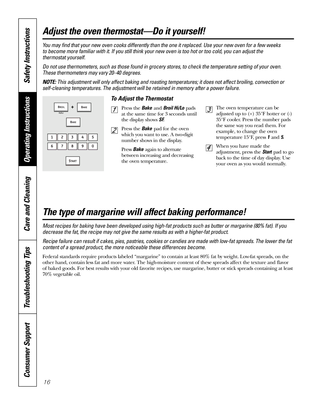 GE PK916 Adjust the oven thermostat-Do it yourself, Type of margarine will affect baking performance, Safety Instructions 