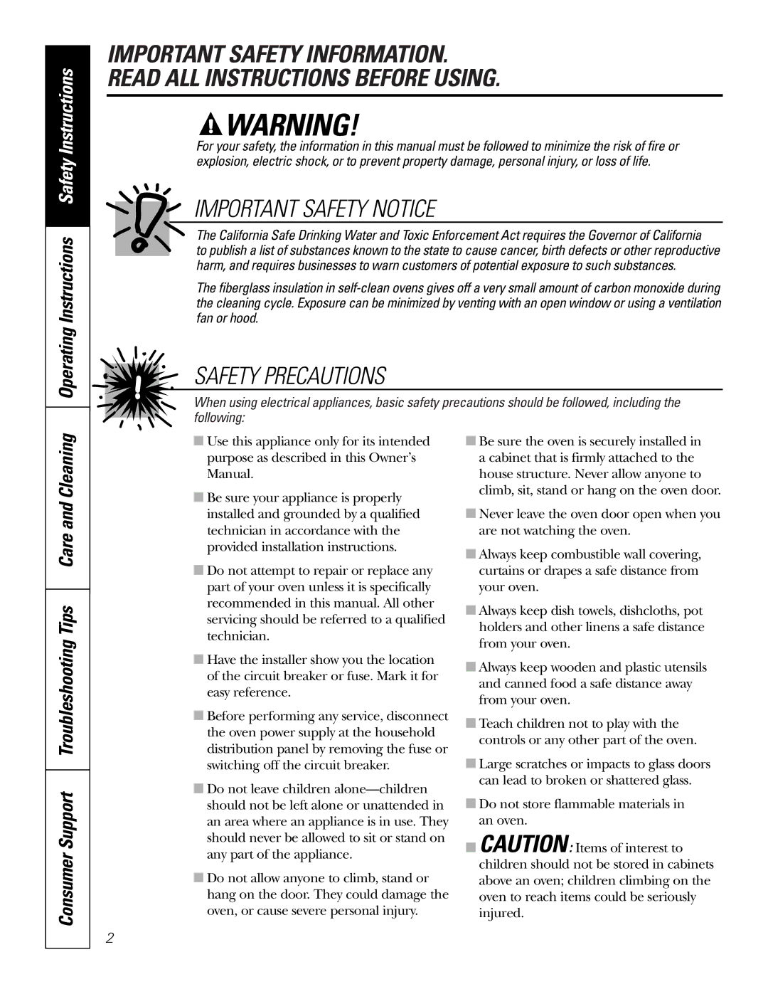 GE PK916 owner manual Operating Instructions Safety Instructions, Consumer Support Troubleshooting Tips Care and Cleaning 