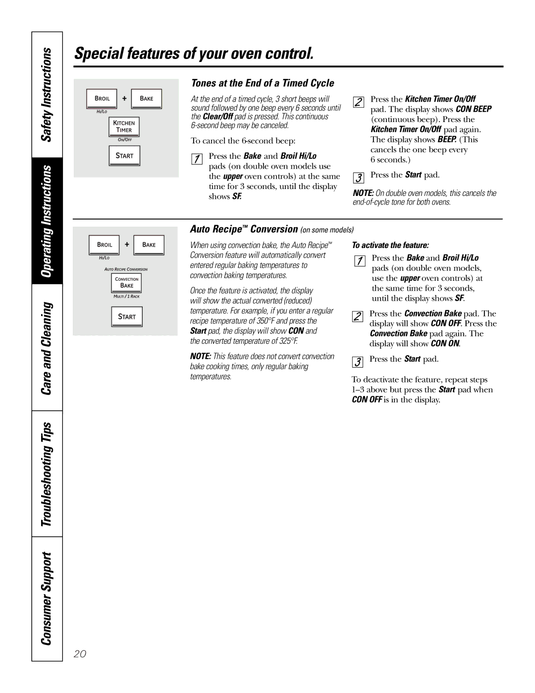 GE PK916 owner manual Auto Recipe Conversion on some models, Tones at the End of a Timed Cycle, To activate the feature 