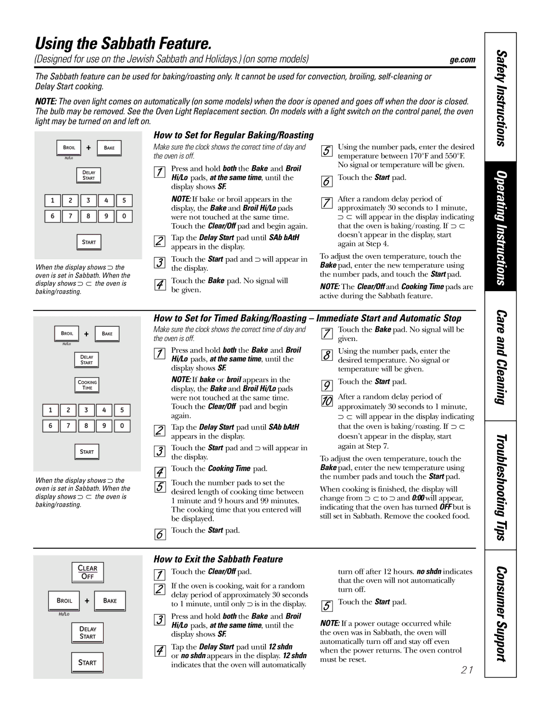 GE PK916 Using the Sabbath Feature, Cleaning Troubleshooting, How to Set for Regular Baking/Roasting, Safety Instructions 