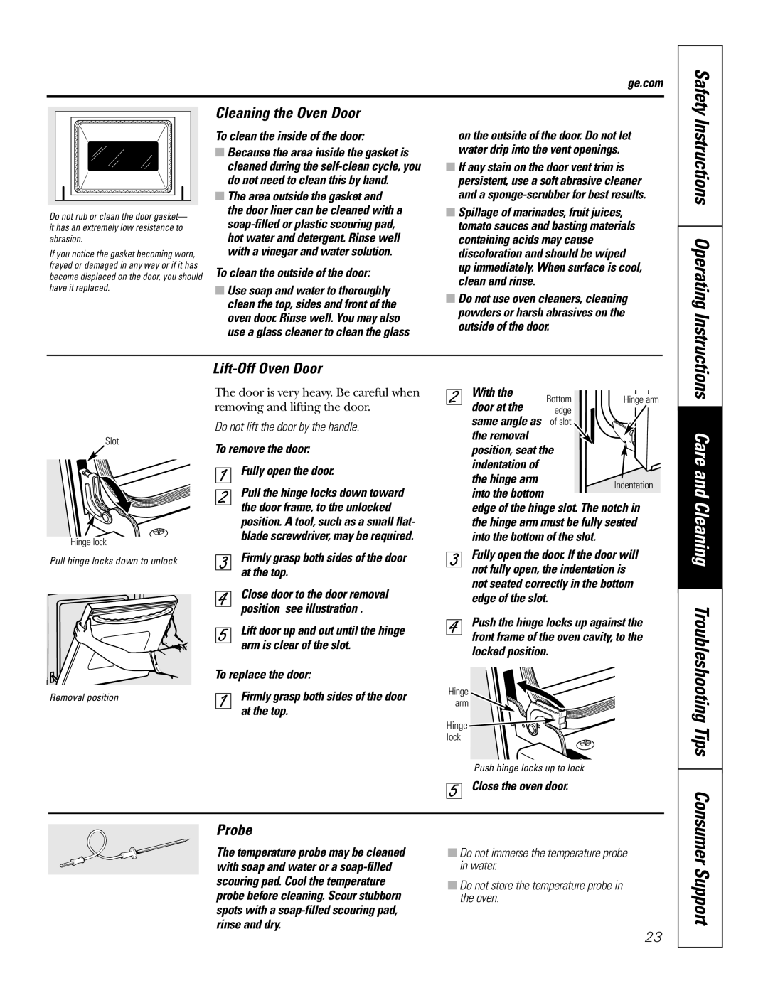 GE PK916 owner manual Care and Cleaning Troubleshooting Tips, Cleaning the Oven Door, Lift-Off Oven Door, Probe 