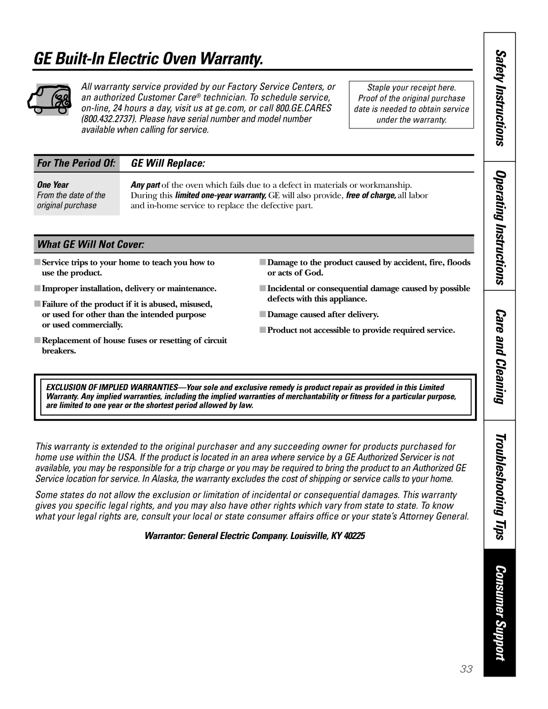 GE PK916 owner manual GE Built-In Electric Oven Warranty, GE Will Replace, What GE Will Not Cover 