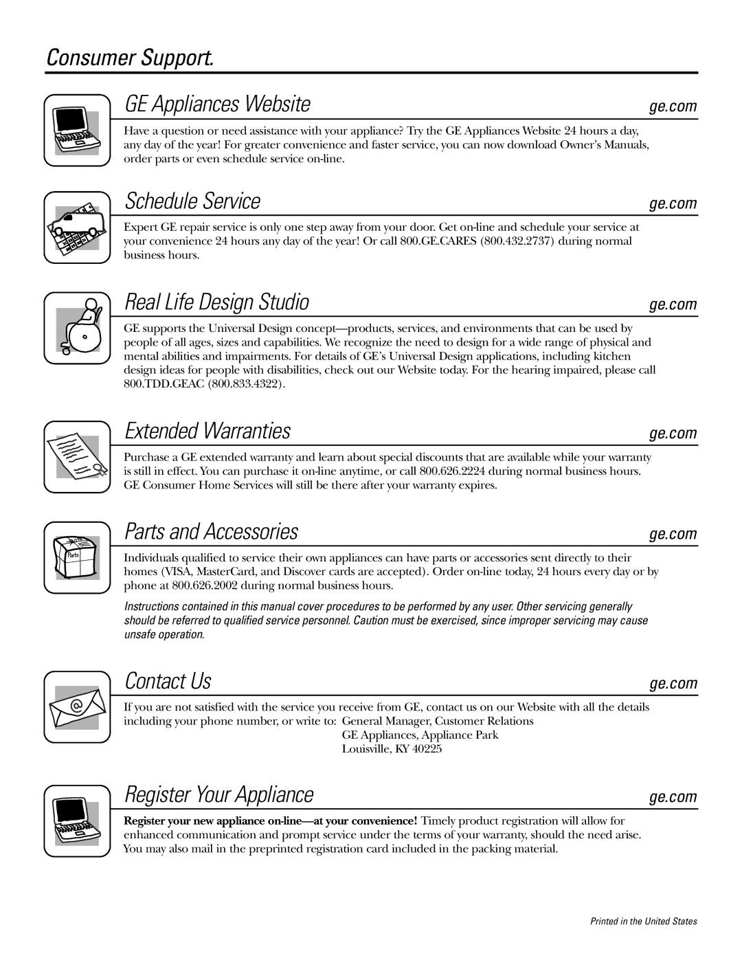 GE PK916 Consumer Support GE Appliances Website, Schedule Service, Real Life Design Studio, Extended Warranties 