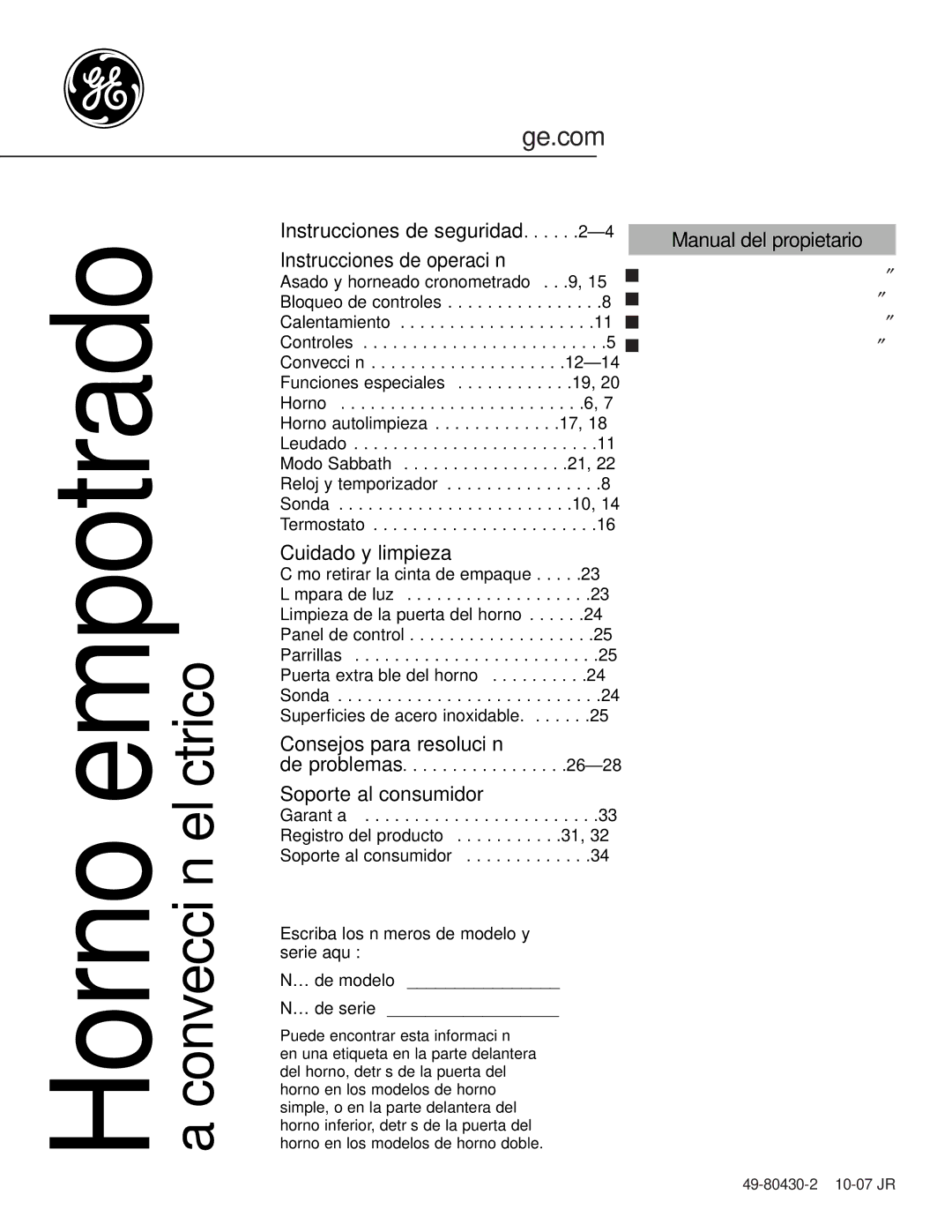 GE PK916 owner manual Horno empotrado a convección eléctrico, Manual del propietario 