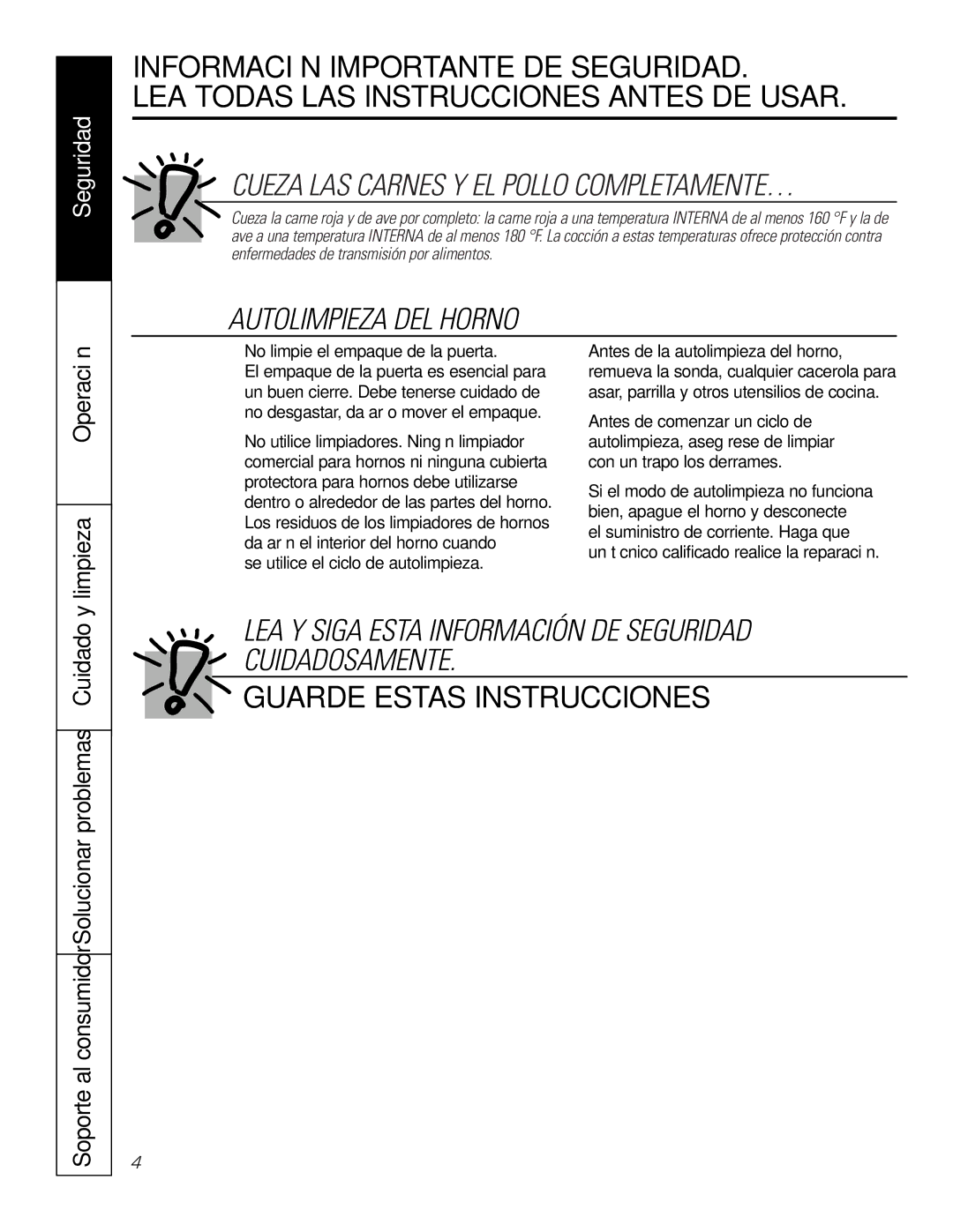 GE PK916 owner manual Limpieza, Operación, Soporte al consumidor Solucionar problemas Cuidado y 