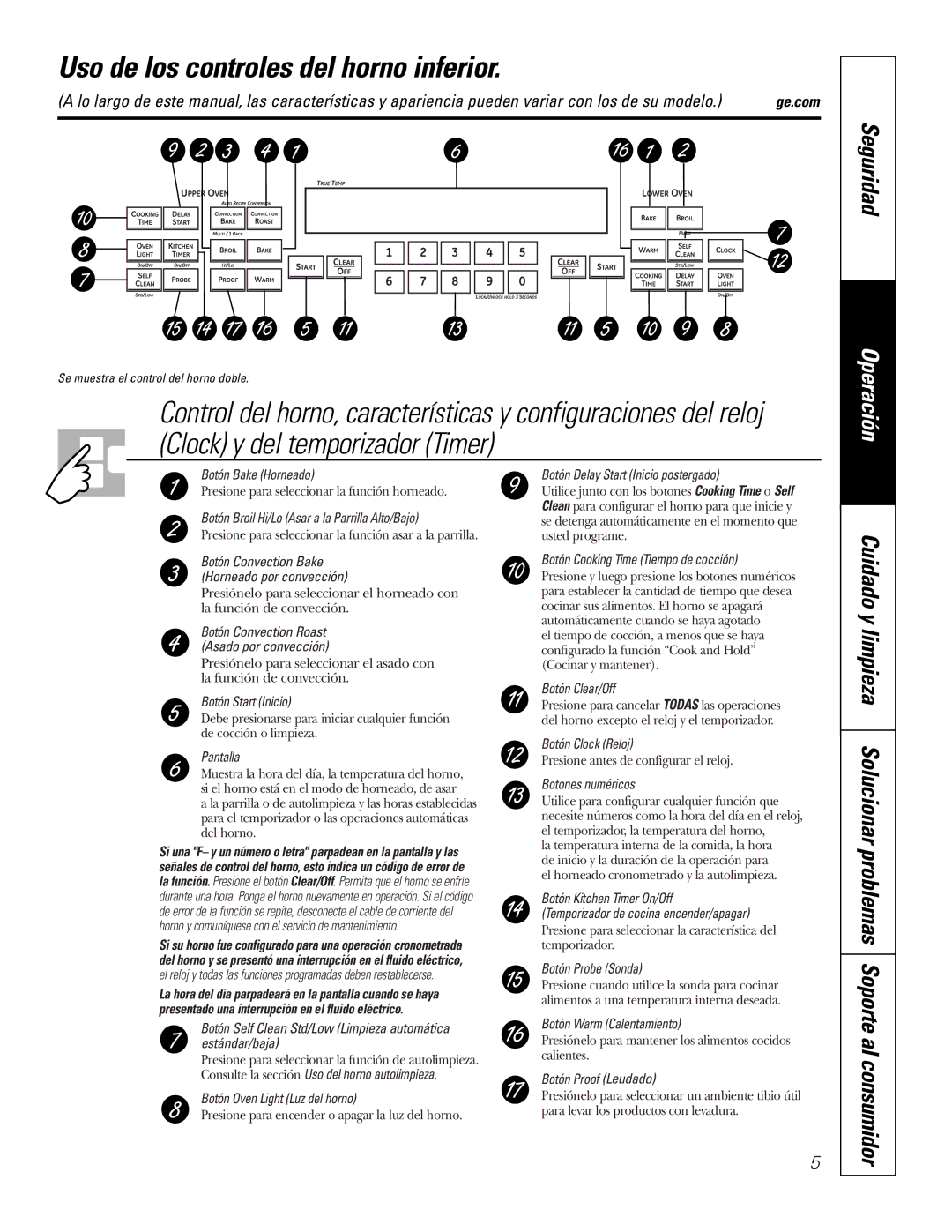 GE PK916 owner manual Uso de los controles del horno inferior, Seguridad 