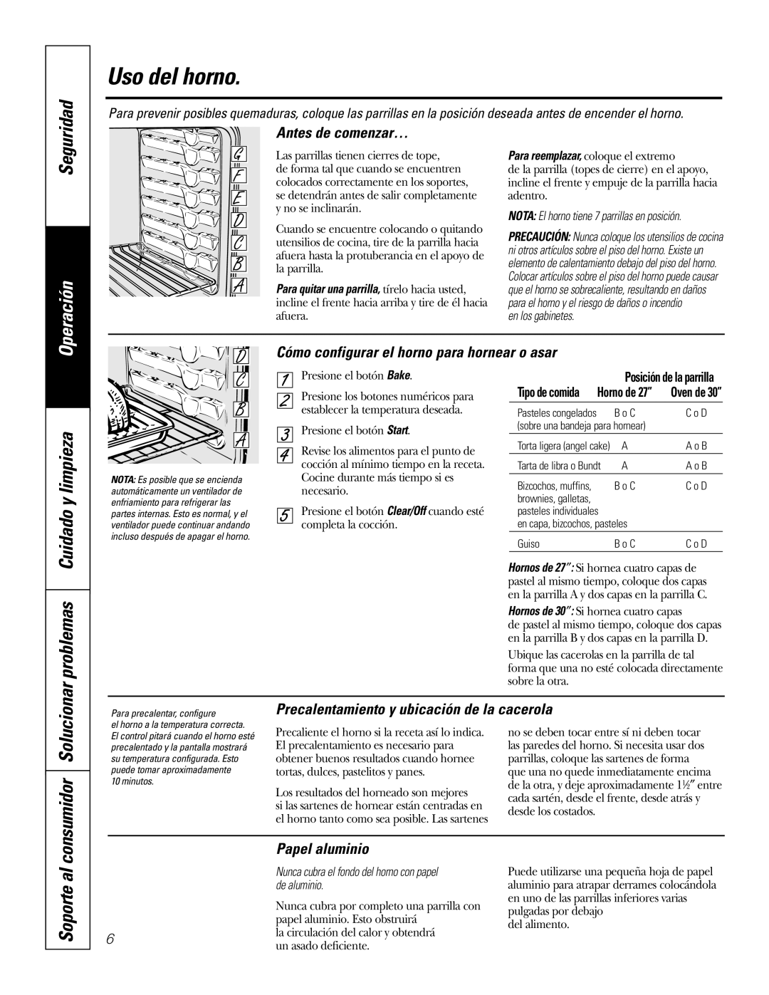 GE PK916 owner manual Uso del horno, Cuidado y limpieza, Problemas, Solucionar, Soporte al 