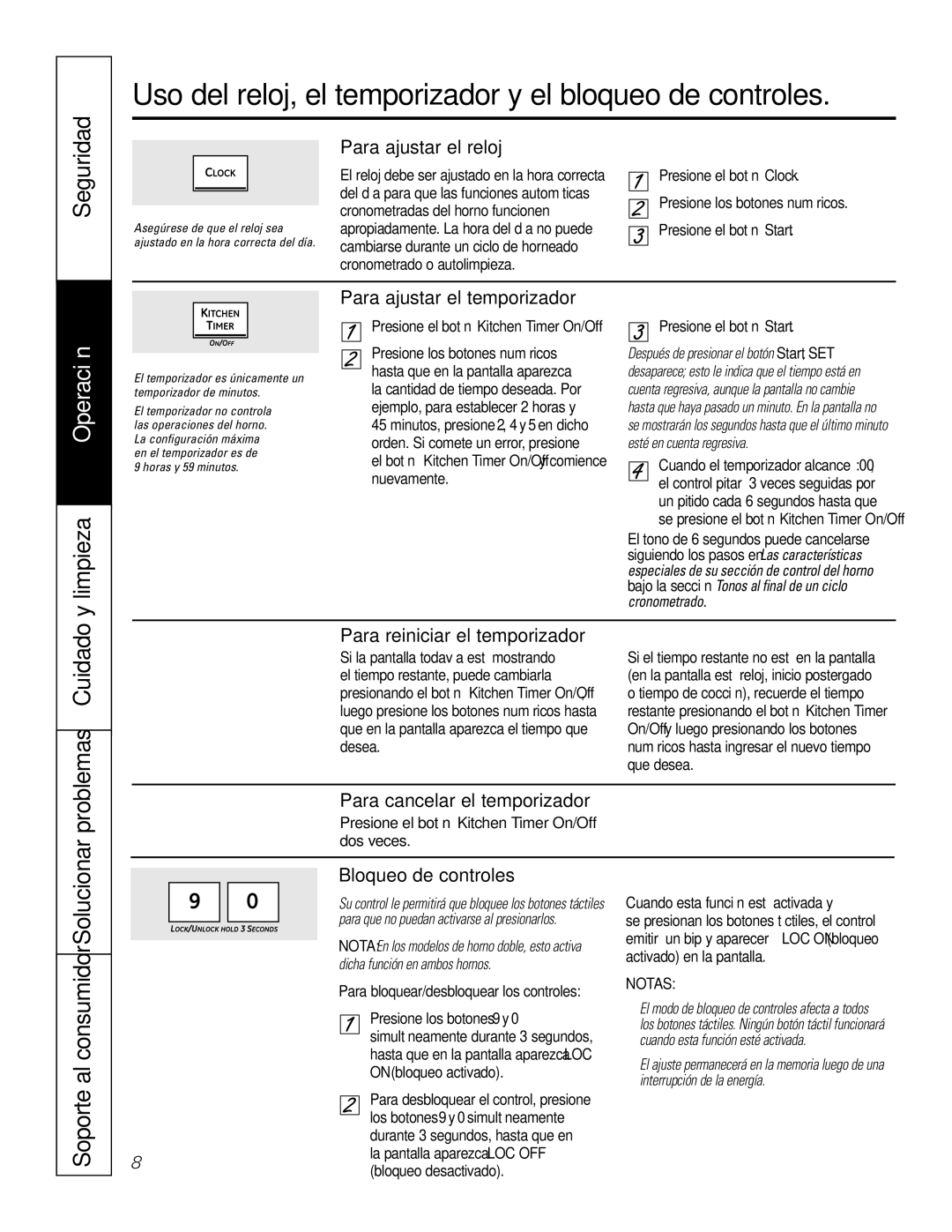 GE PK916 owner manual Uso del reloj, el temporizador y el bloqueo de controles, Seguridad 