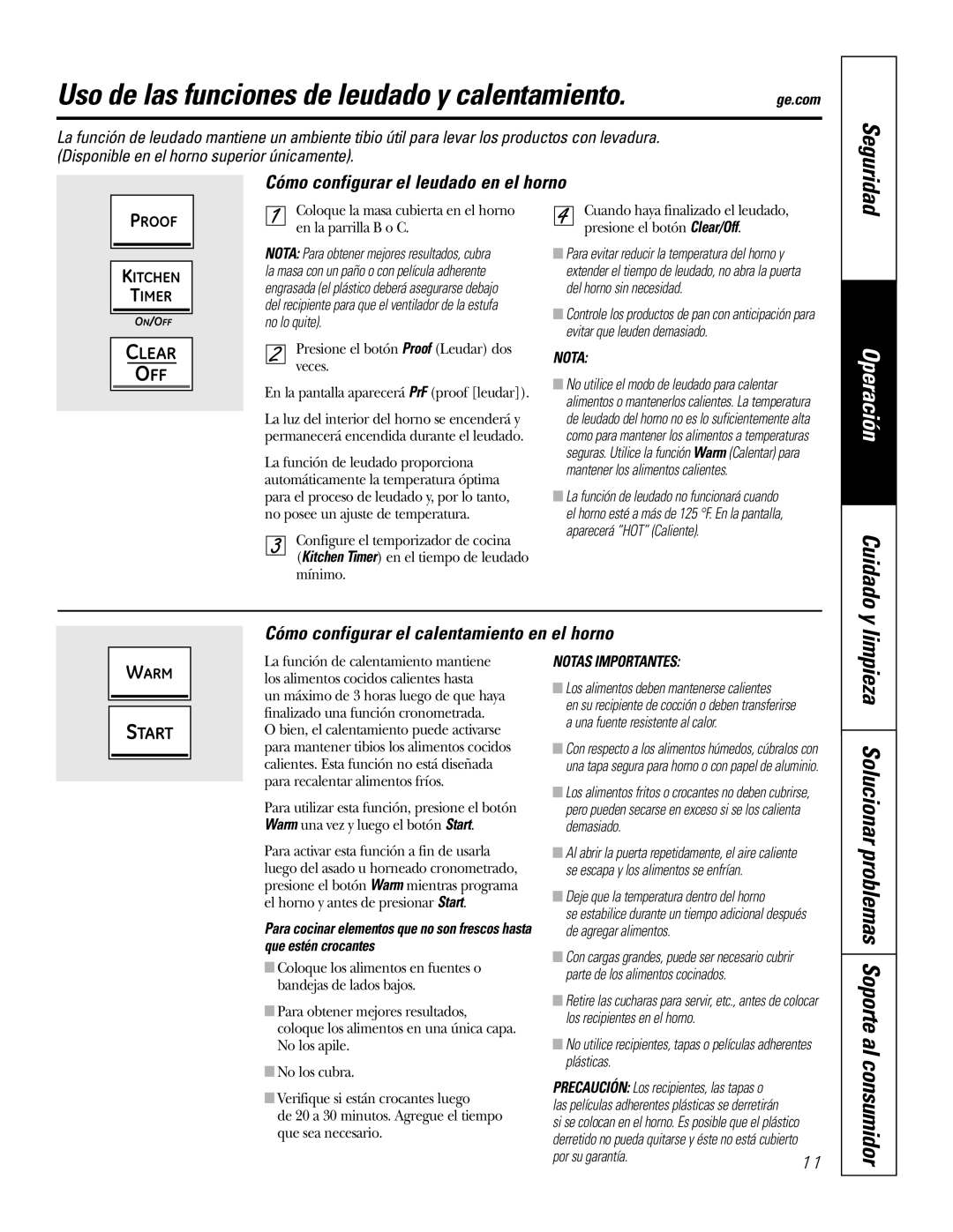 GE PK916 owner manual Uso de las funciones de leudado y calentamiento, Cuidado y, Cómo configurar el leudado en el horno 