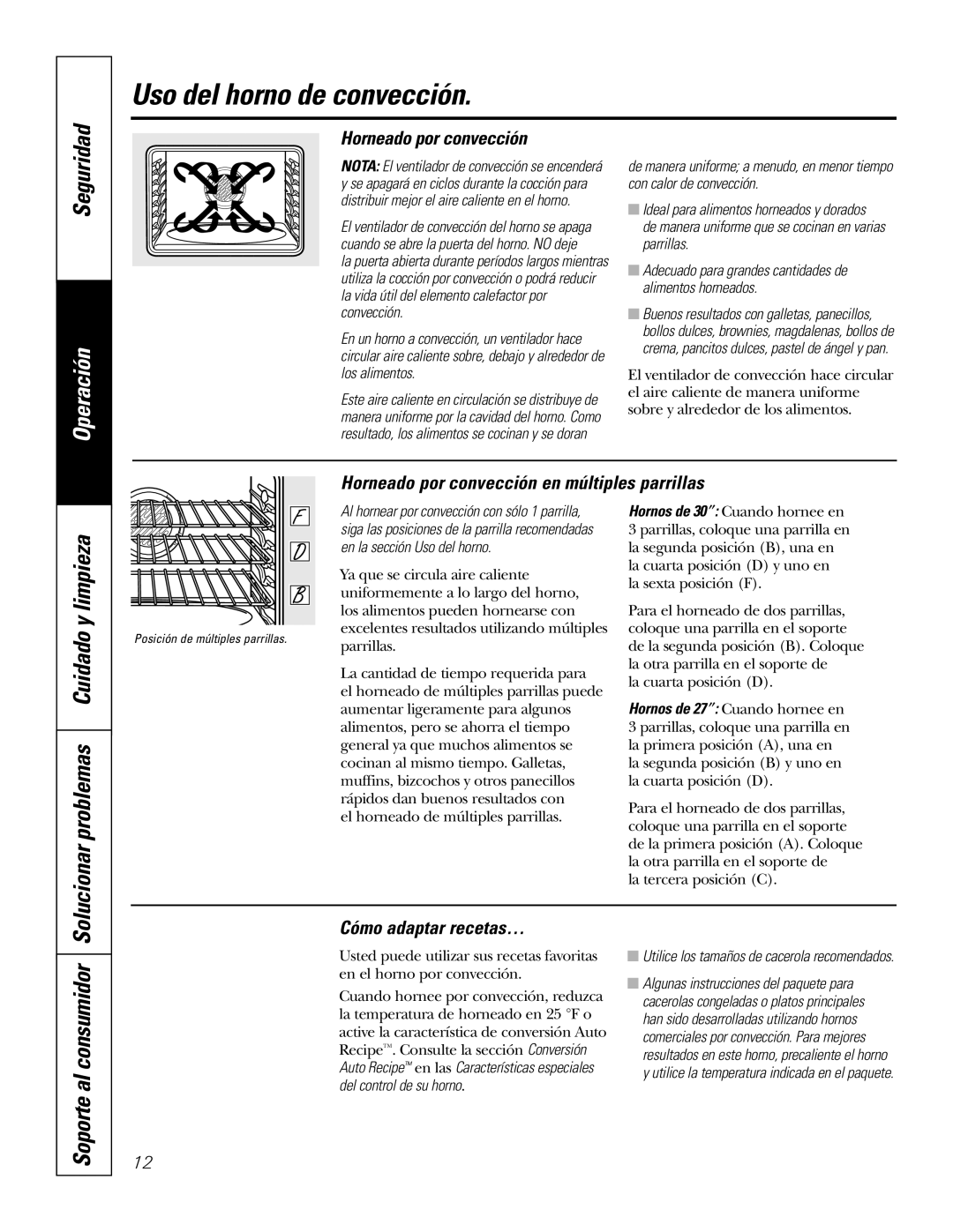 GE PK916 owner manual Uso del horno de convección, Solucionar problemas Cuidado y limpieza, Soporte al consumidor 