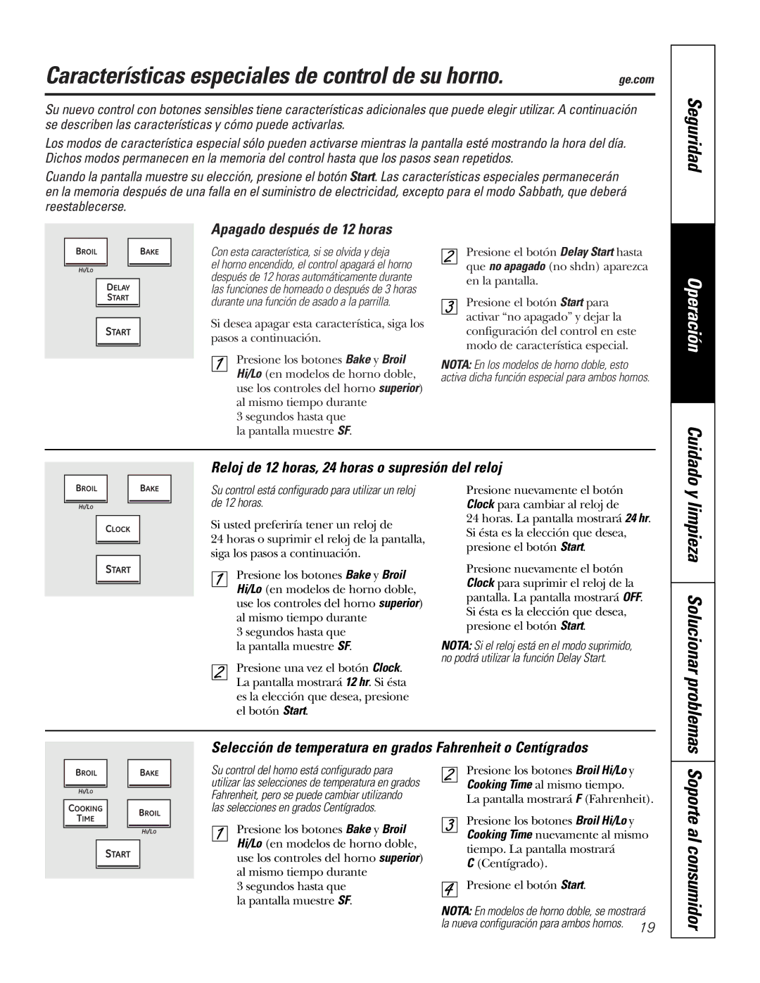 GE PK916 Características especiales de control de su horno, Soporte al consumidor, Limpieza Solucionar problemas 