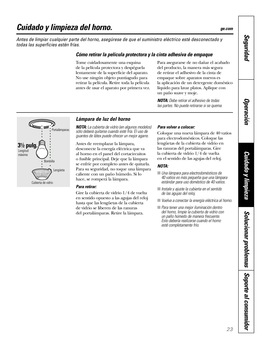 GE PK916 Cuidado y limpieza del horno, Seguridad, Lámpara de luz del horno, Para retirar, Para volver a colocar 