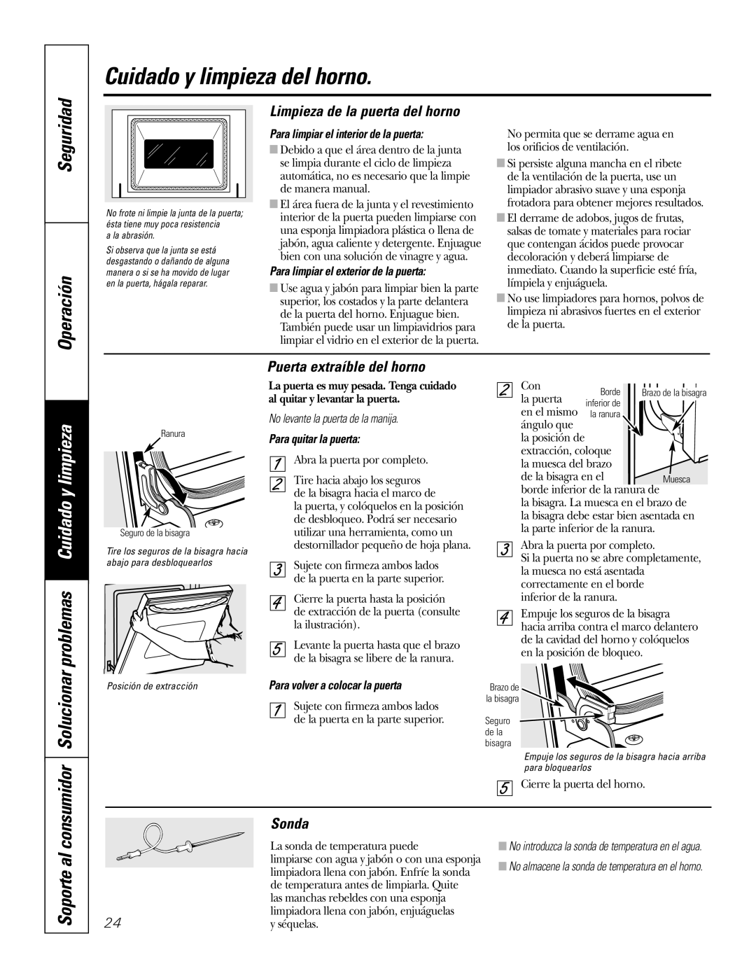 GE PK916 Consumidor Solucionar problemas Cuidado y limpieza, Limpieza de la puerta del horno, Puerta extraíble del horno 