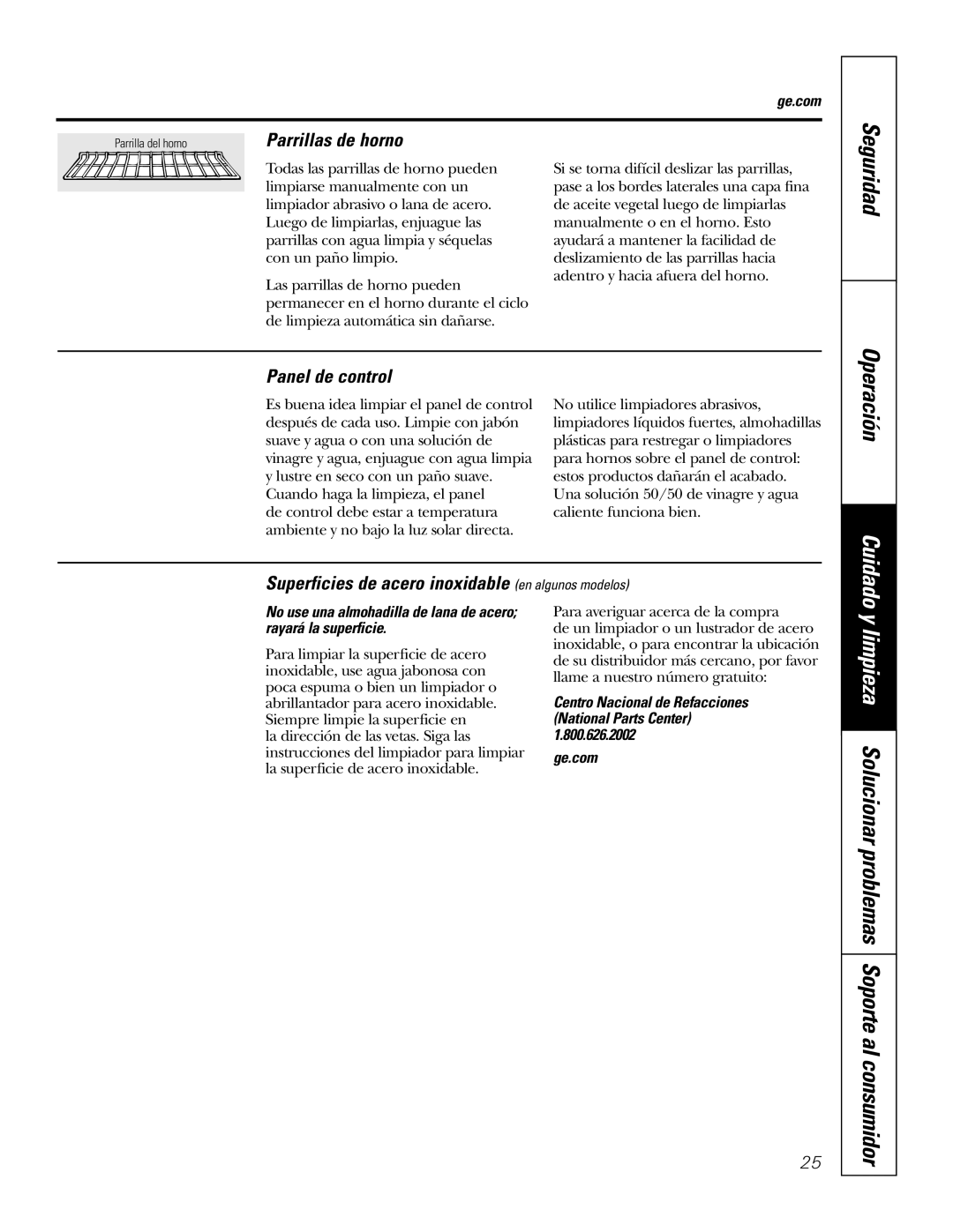 GE PK916 owner manual Parrillas de horno, Panel de control, Superficies de acero inoxidable en algunos modelos 