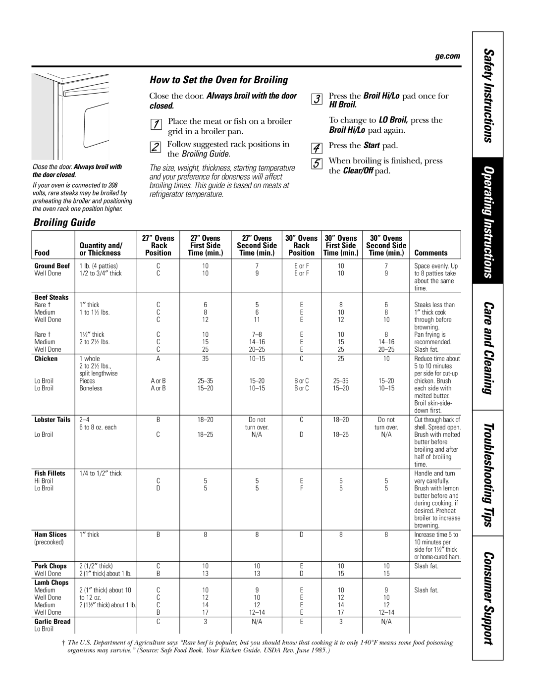 GE PK916 owner manual Instructions Operating, How to Set the Oven for Broiling, Broiling Guide, HI Broil 