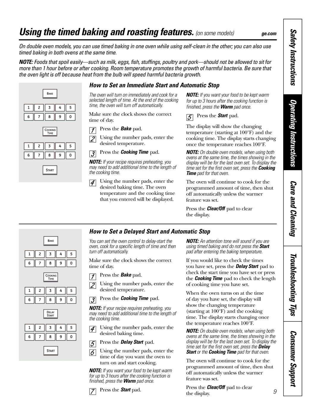 GE PK916 Troubleshooting Tips Consumer Support, Safety Instructions, How to Set an Immediate Start and Automatic Stop 