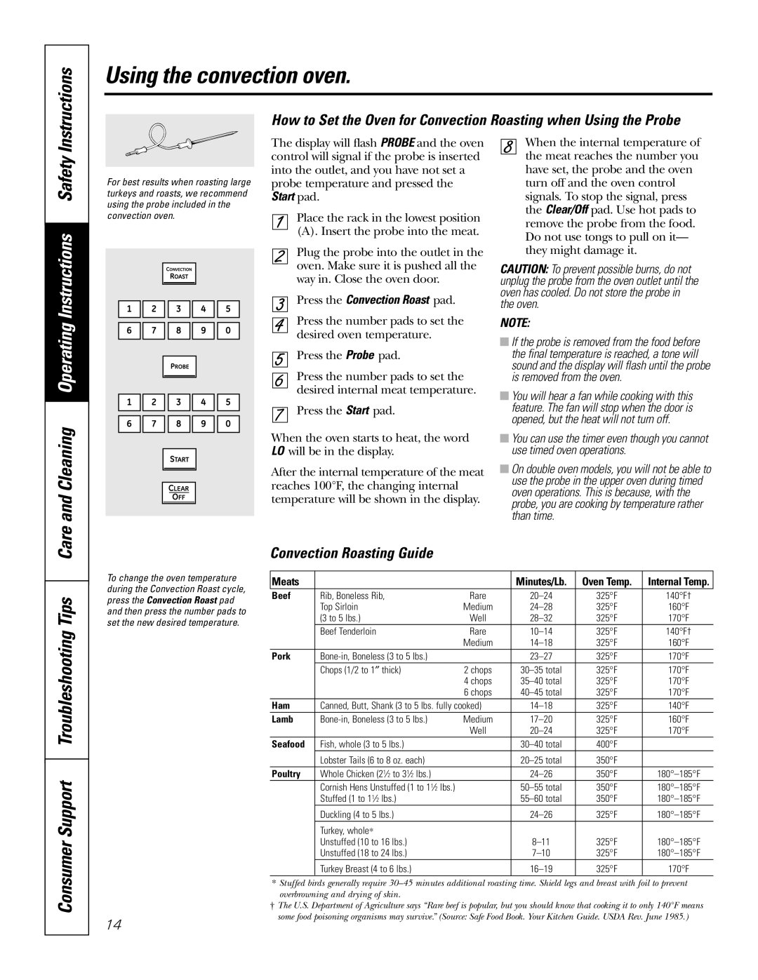 GE PK916 Using the convection oven, Instructions, Consumer Support Troubleshooting Tips, Convection Roasting Guide 
