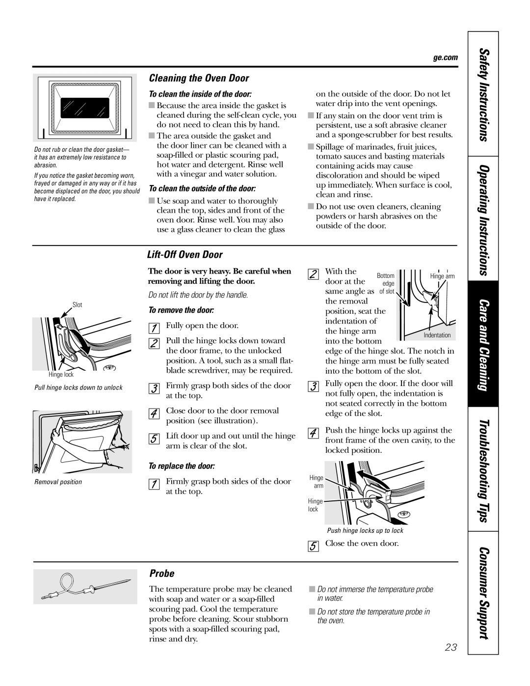 GE PK916 owner manual Cleaning the Oven Door, Lift-OffOven Door, Probe, Instructions Operating Instructions 