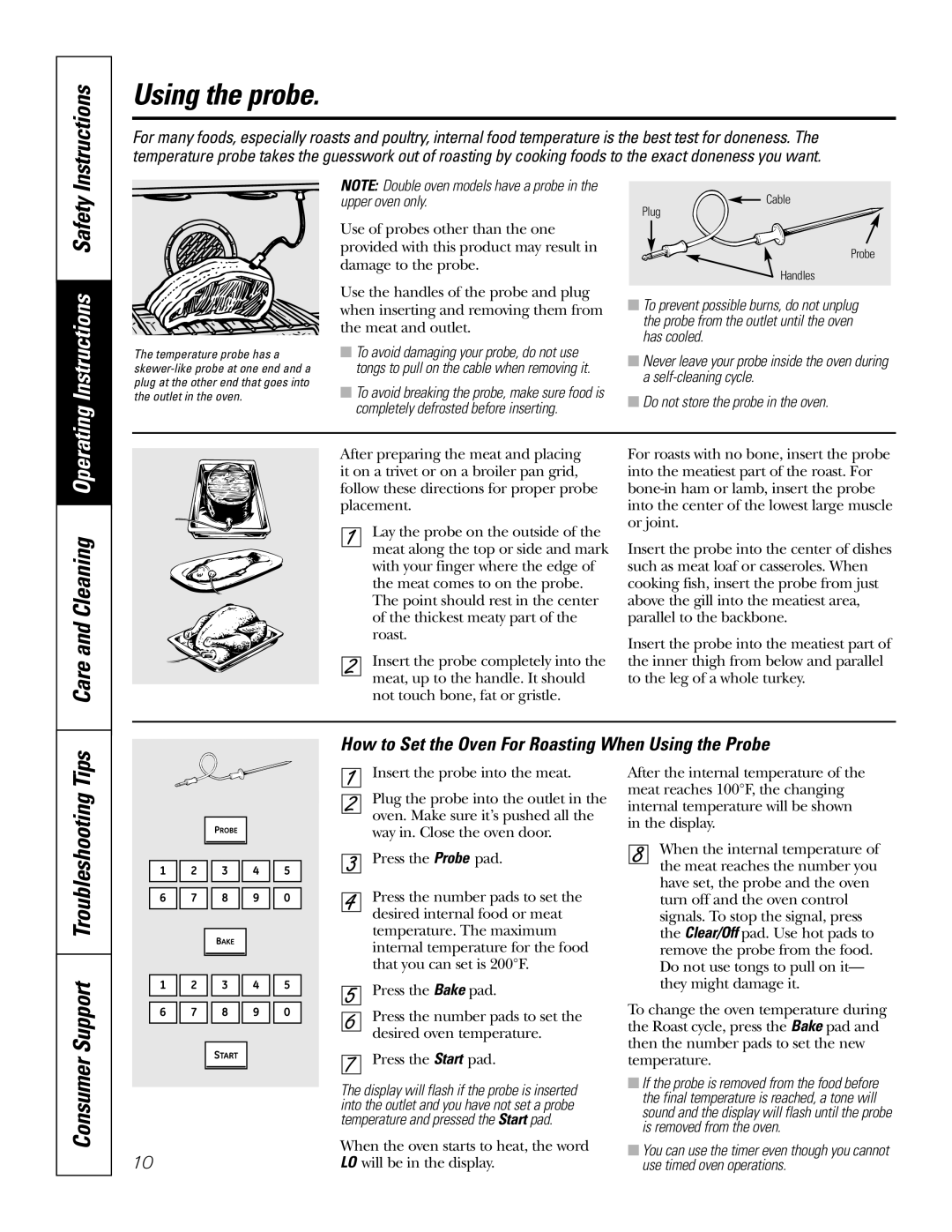 GE PK91627 manual Using the probe, Care and Cleaning Operating, Consumer Support Troubleshooting Tips 