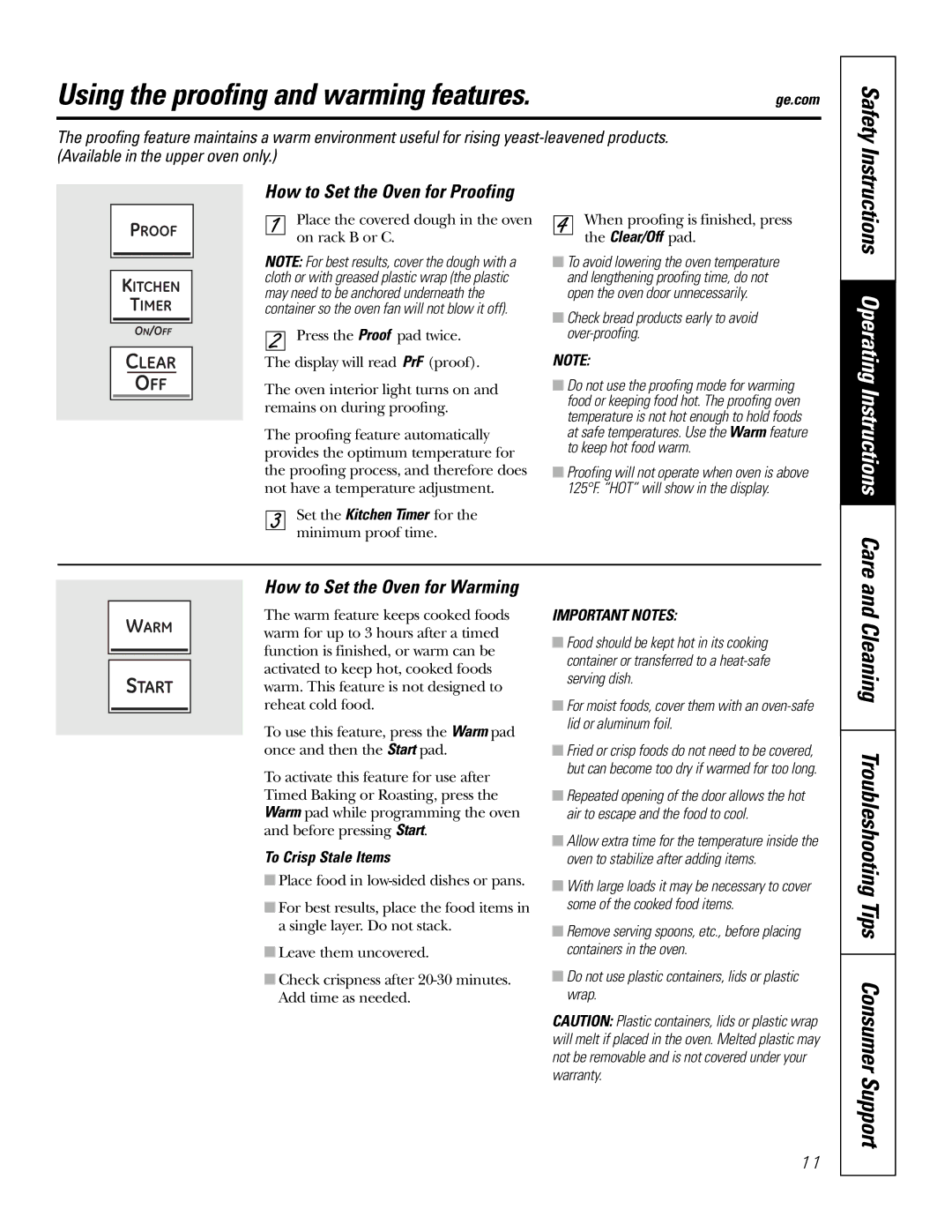 GE PK91627 Using the proofing and warming features, Cleaning Troubleshooting Tips Consumer Support, To Crisp Stale Items 