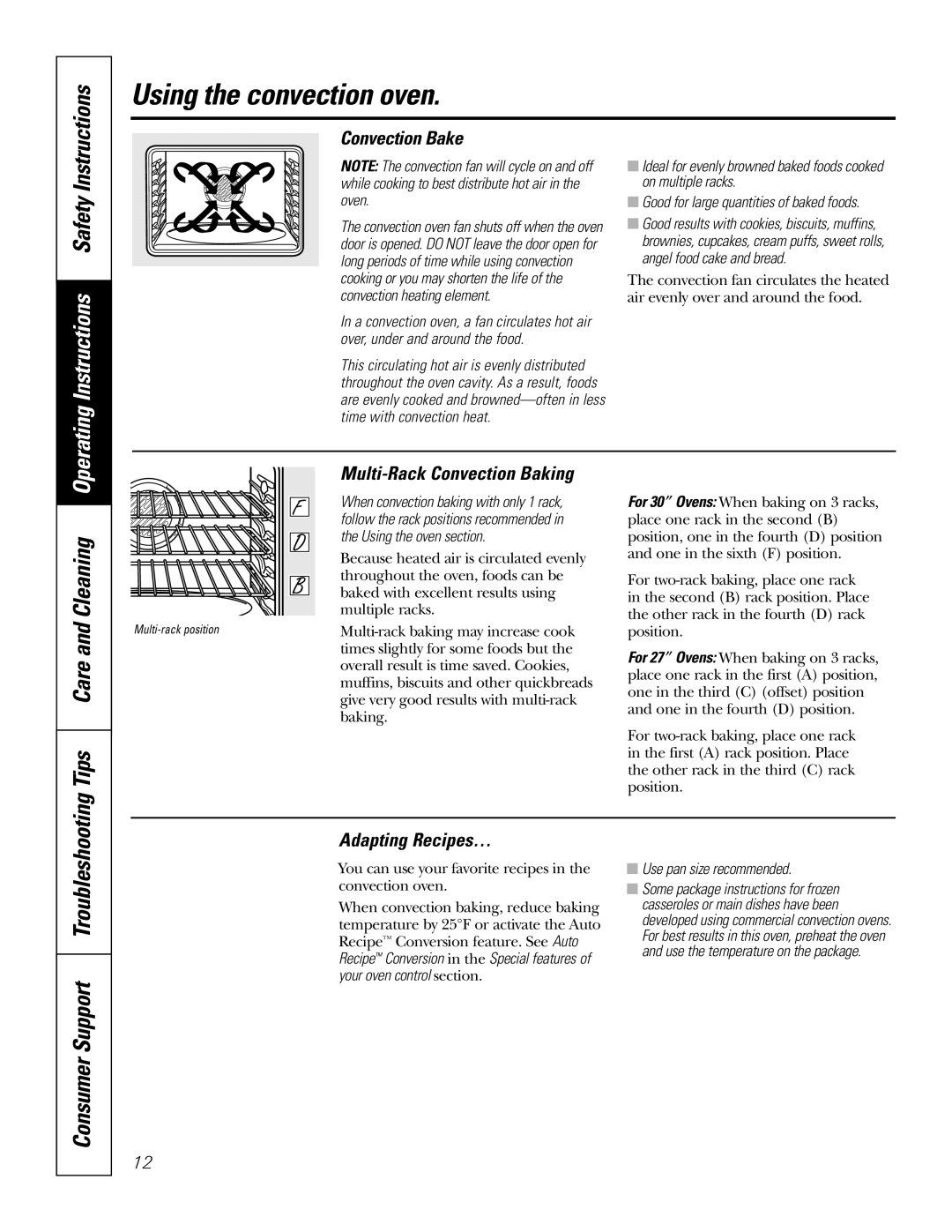 GE PK91627 Using the convection oven, Consumer Support Troubleshooting, Convection Bake, Multi-Rack Convection Baking 