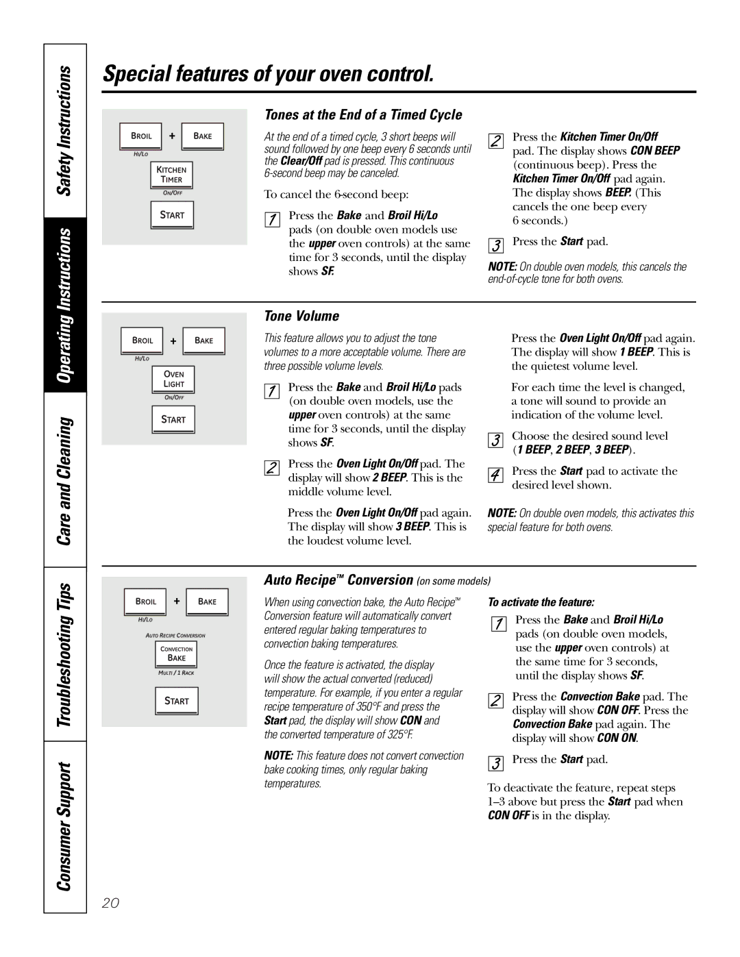 GE PK91627 manual Care and Cleaning Operating, Tone Volume, Auto Recipe Conversion on some models, To activate the feature 