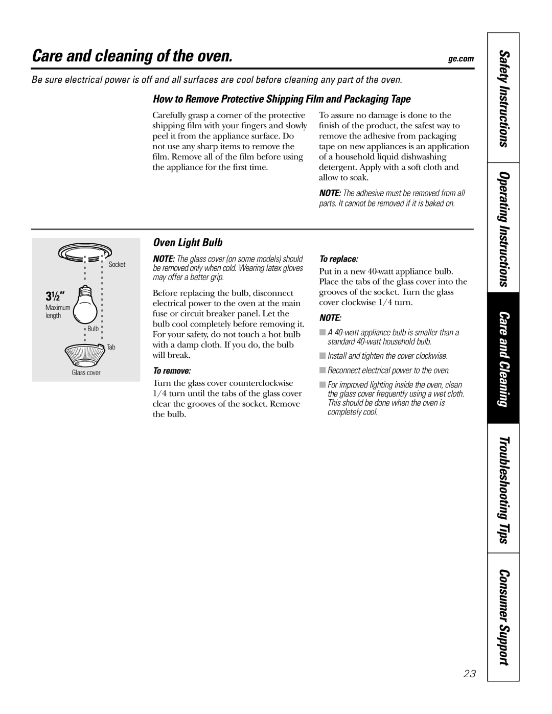 GE PK91627 manual Care and cleaning of the oven, Instructions Operating, Oven Light Bulb 