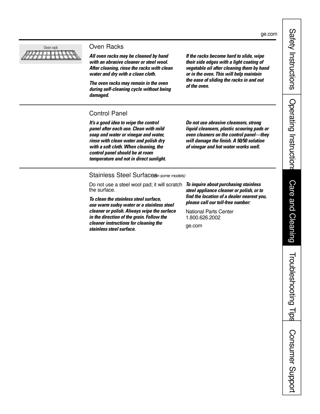 GE PK91627 manual Care and Cleaning Troubleshooting Tips Consumer Support, Oven Racks, Control Panel, Ge.com Safety 