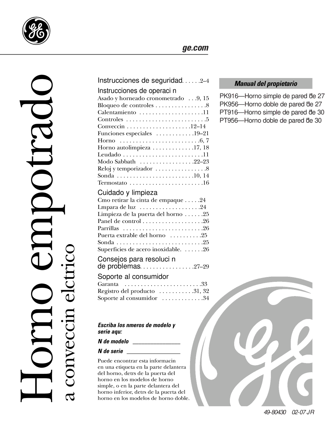 GE PK91627 manual Horno empotrado a convección eléctrico, Manual del propietario 